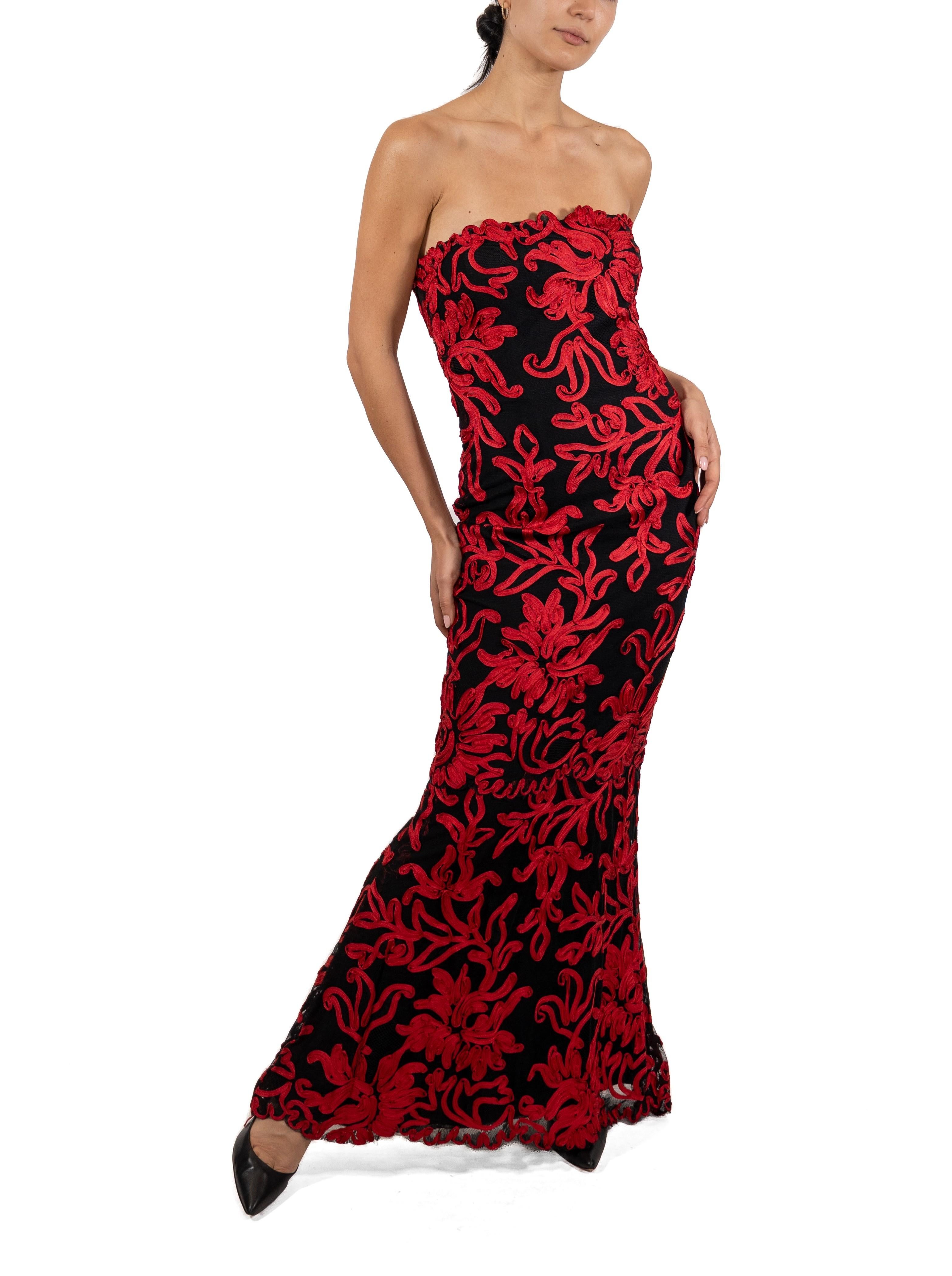 1990S Black Silk & Lace Strapless Gown Covered In Red Floral Braid For Sale 5
