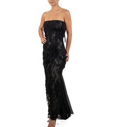 1990S Black Silk Lace Strapless Gown With Bow