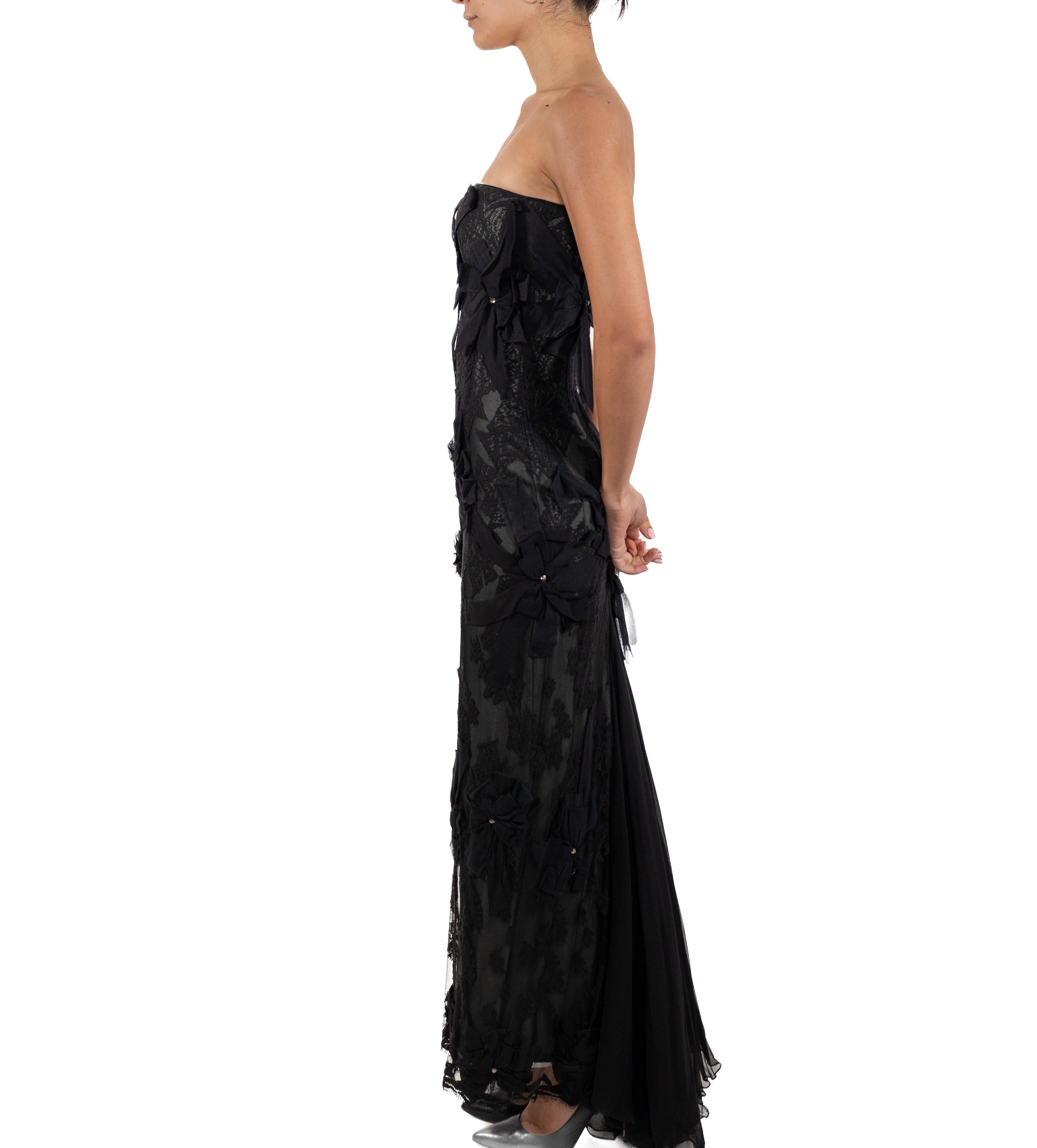 1990S Black Silk Lace Strapless Gown With Bow For Sale 1