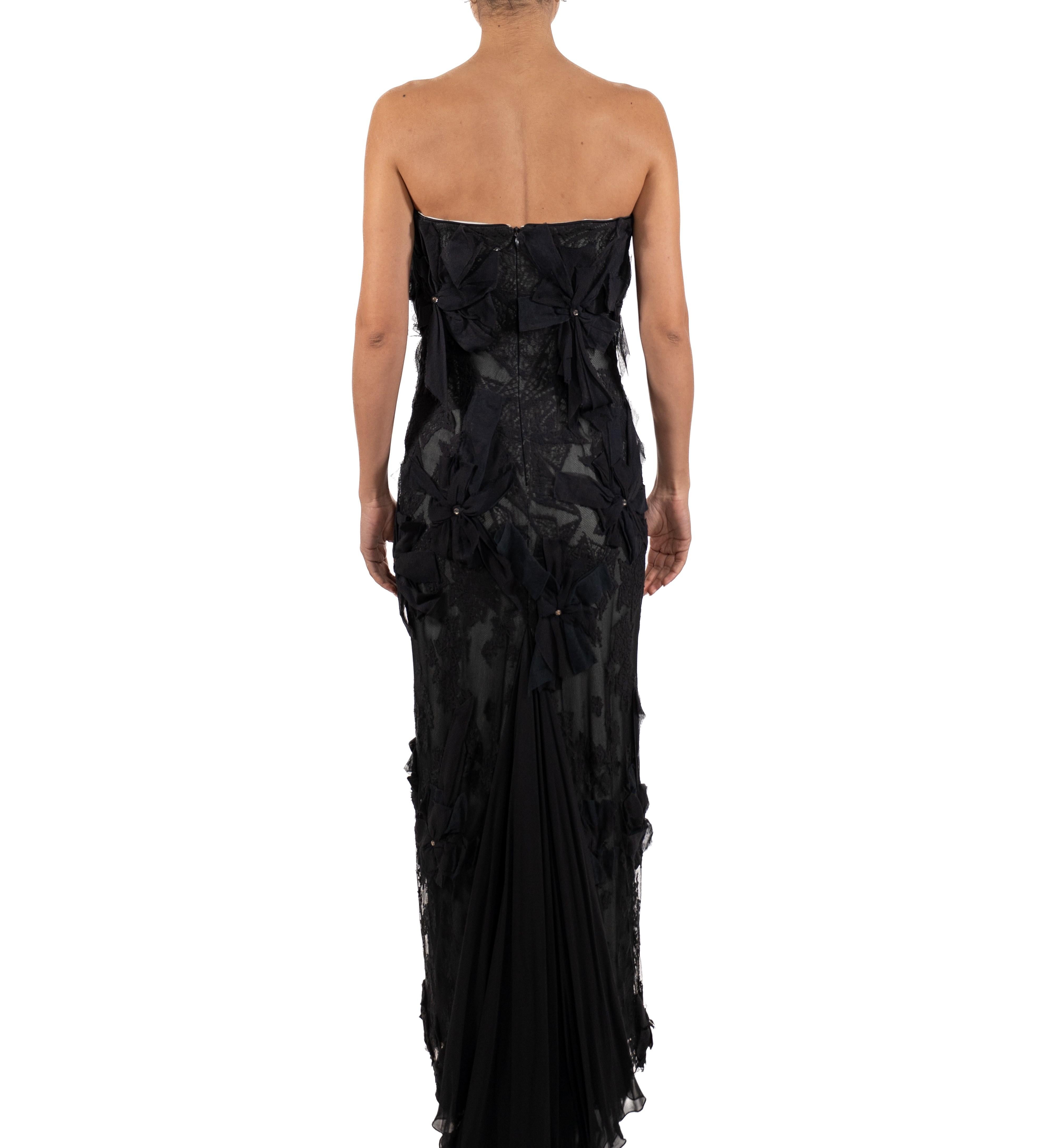 1990S Black Silk Lace Strapless Gown With Bow For Sale 3