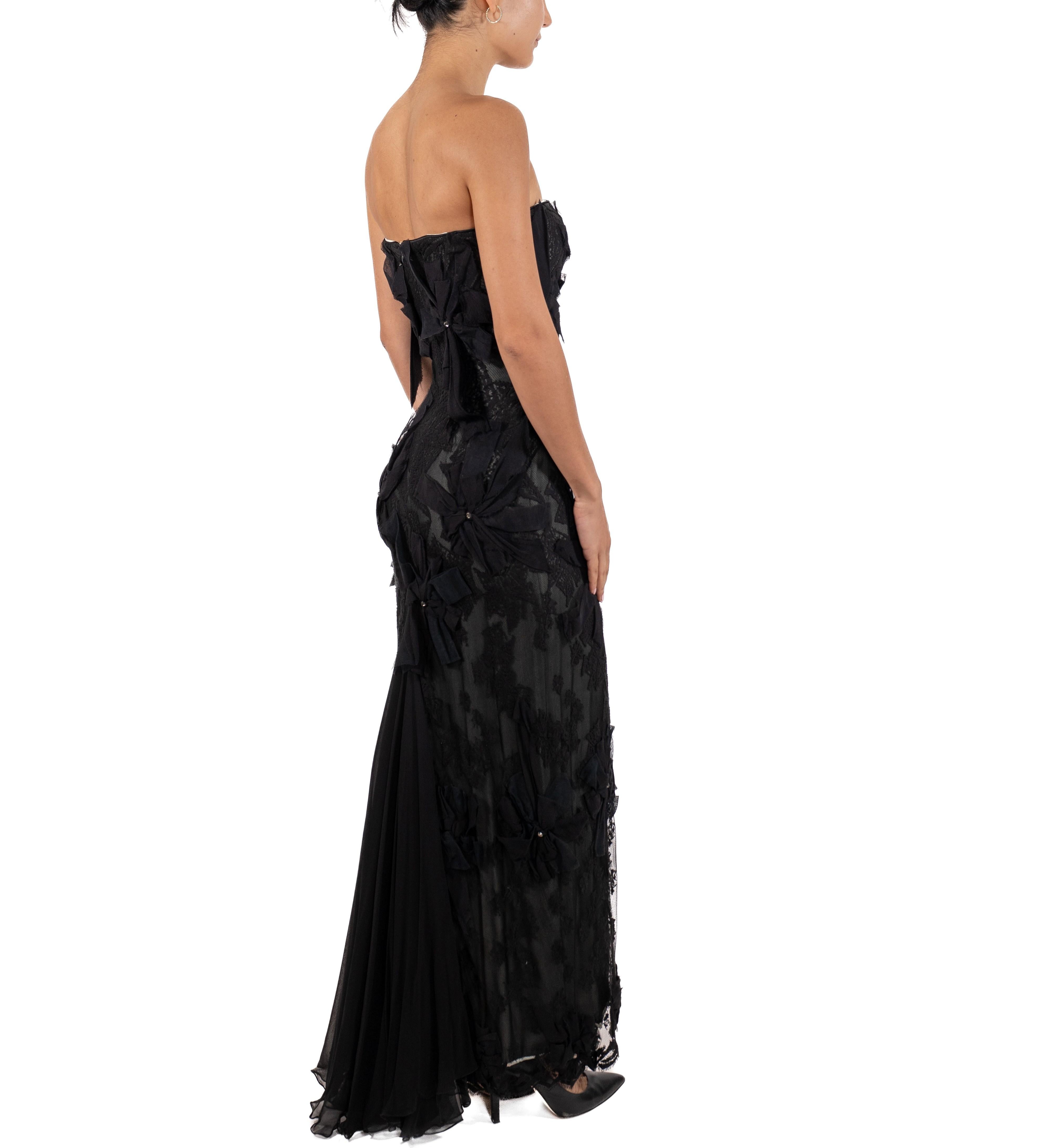 1990S Black Silk Lace Strapless Gown With Bow For Sale 4