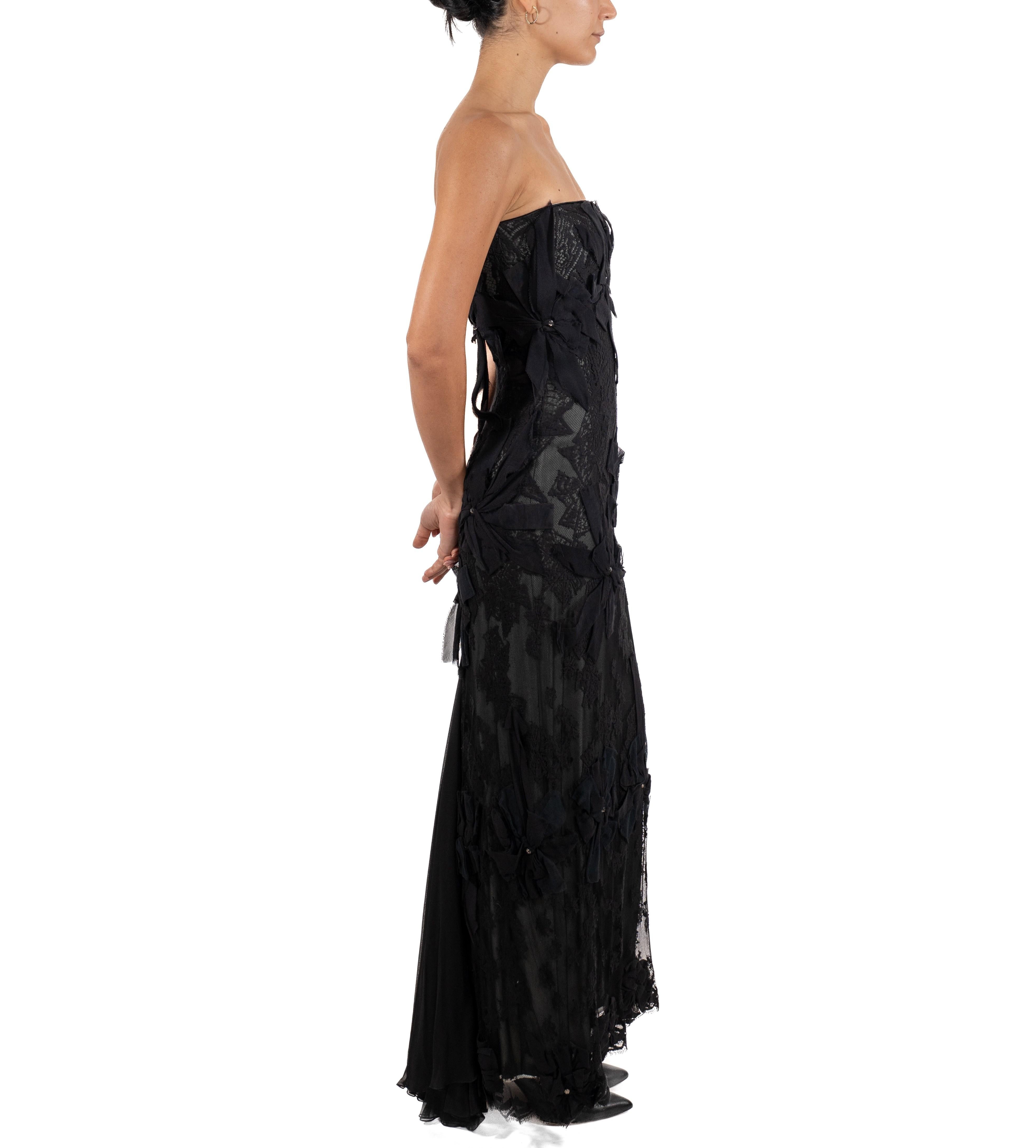 1990S Black Silk Lace Strapless Gown With Bow For Sale 5
