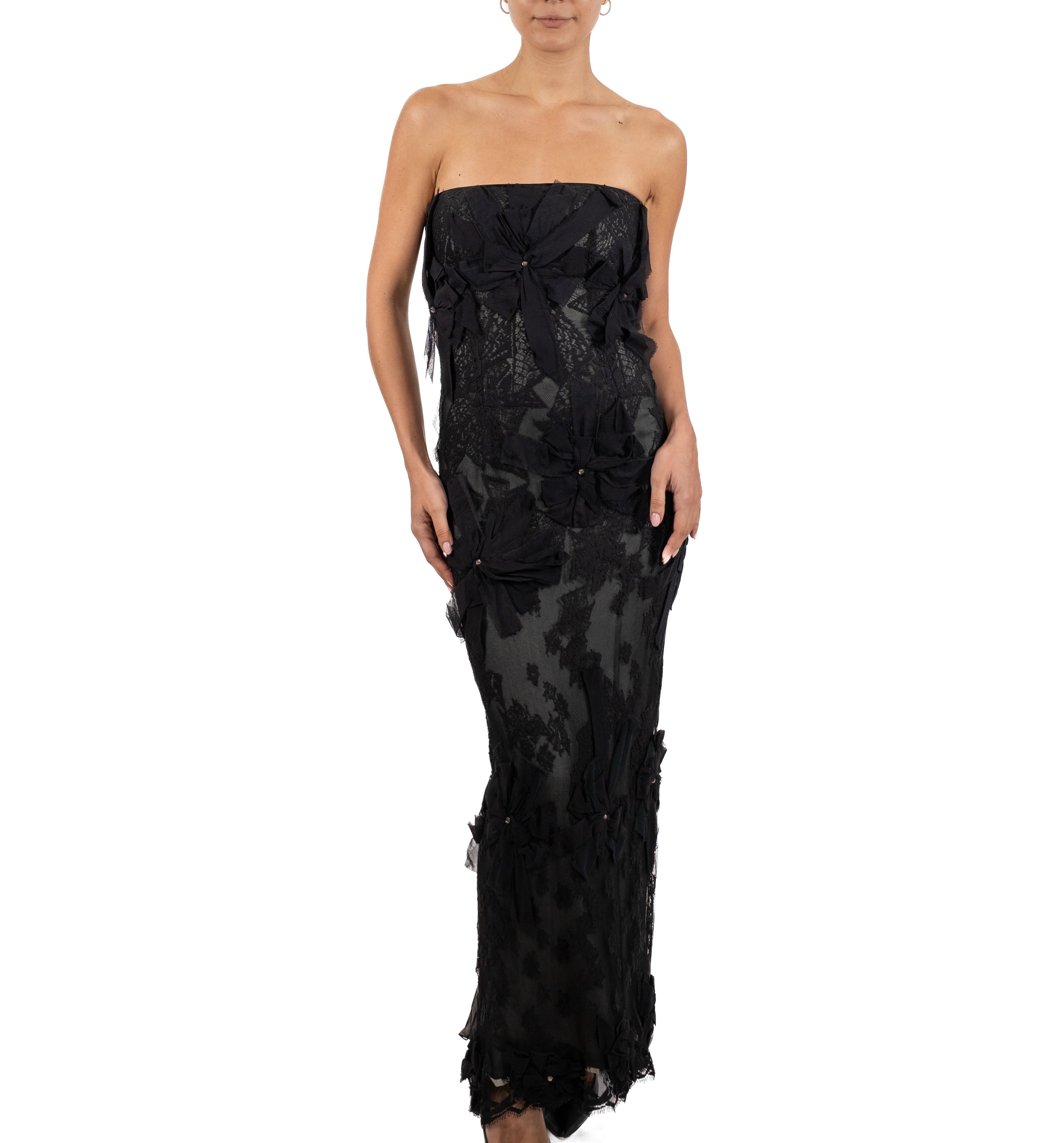 1990S Black Silk Lace Strapless Gown With Bow For Sale 6