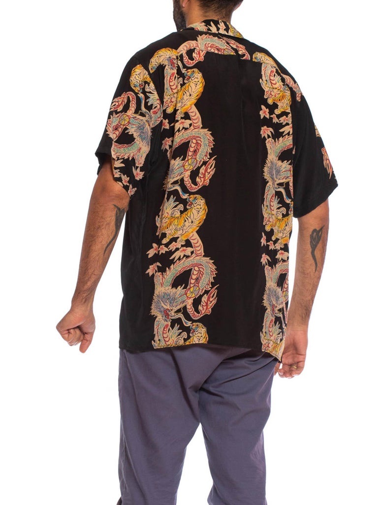 1990S Black Silk Men's Japanese Tiger and Dragon Printed Shirt at 1stDibs