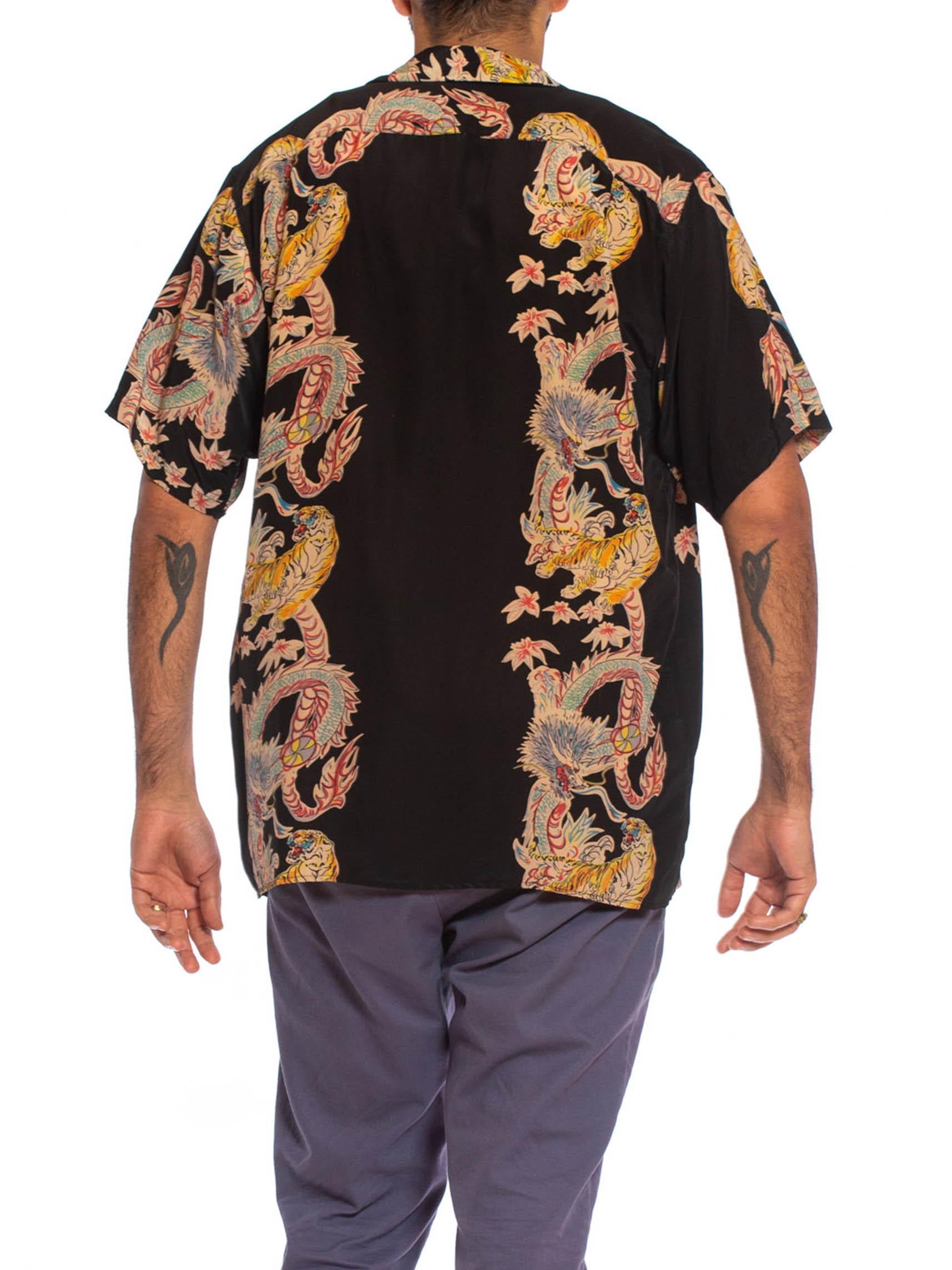 1990S Black Silk Men's Japanese Tiger & Dragon Printed Shirt 3