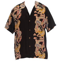 Vintage 1990S Black Silk Men's Japanese Tiger & Dragon Printed Shirt