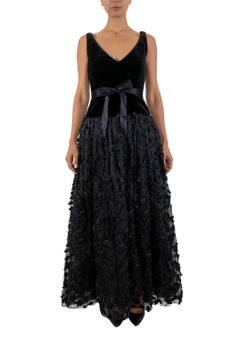 1990S Black Silk Organza & Velvet Ball Gown Covered In Embroidered Flowers