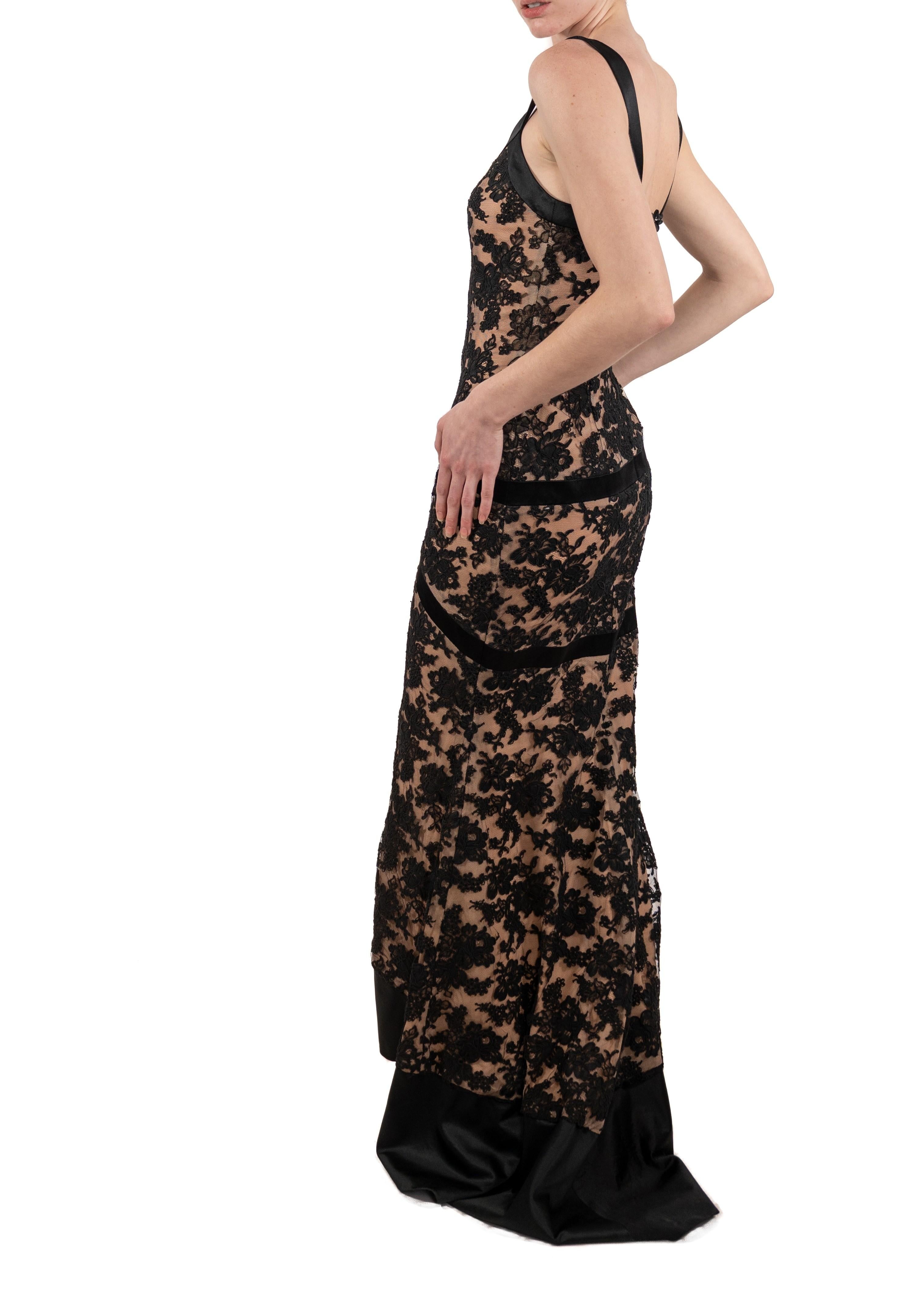 1990S Black Silk & Rayon Satin Lace Gown With Train In Good Condition For Sale In New York, NY