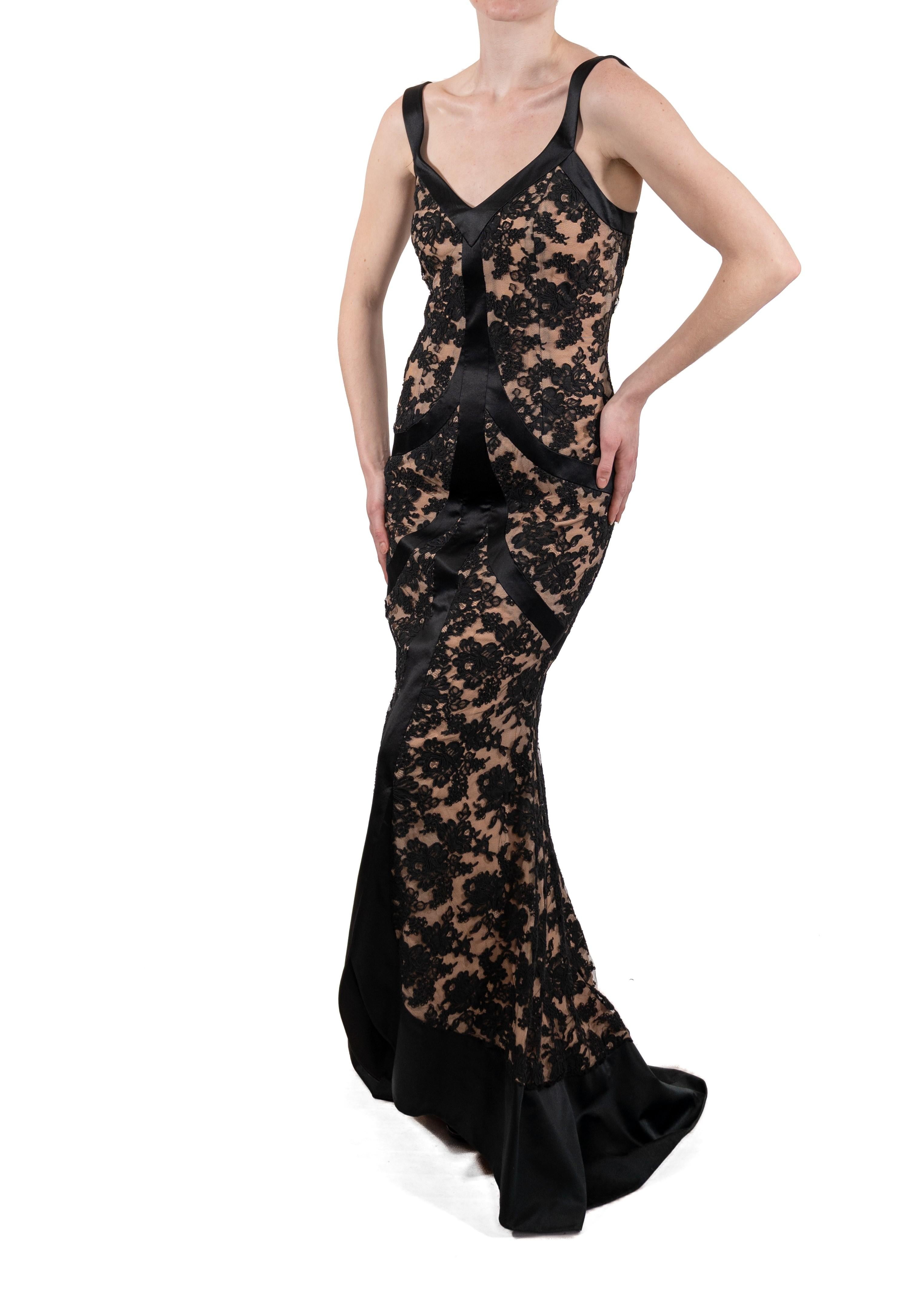 1990S Black Silk & Rayon Satin Lace Gown With Train For Sale 2