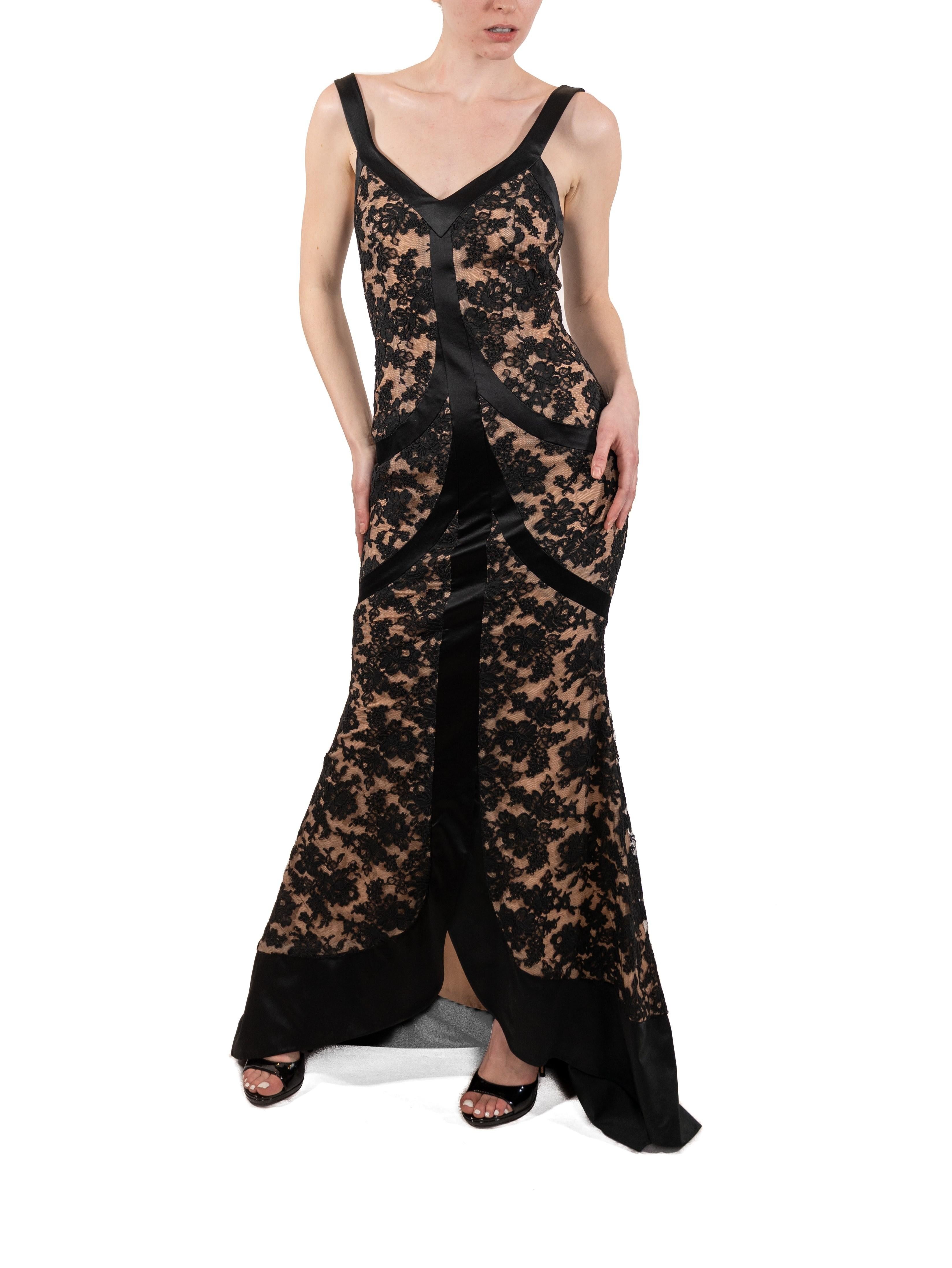 1990S Black Silk & Rayon Satin Lace Gown With Train For Sale 3