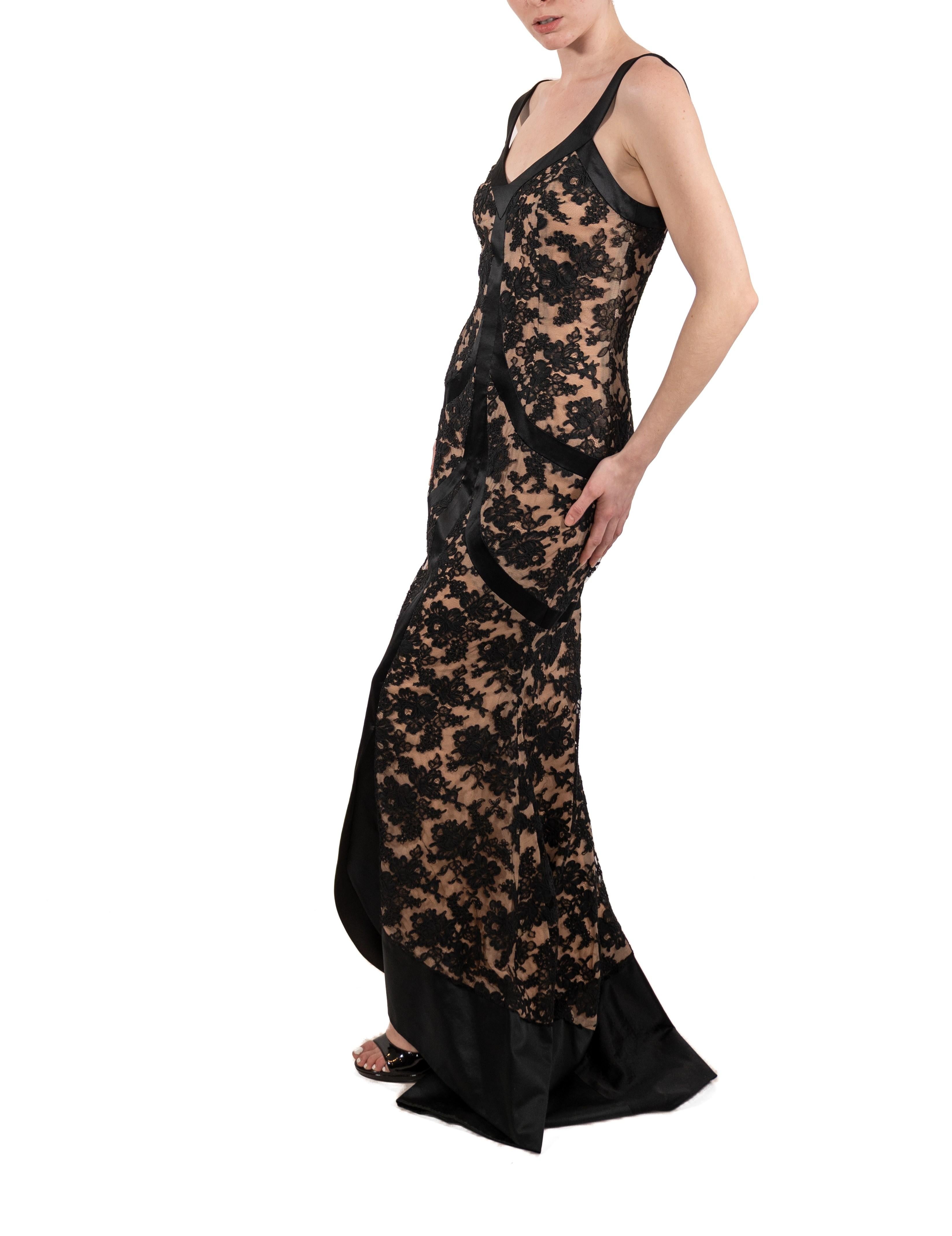 1990S Black Silk & Rayon Satin Lace Gown With Train For Sale 4