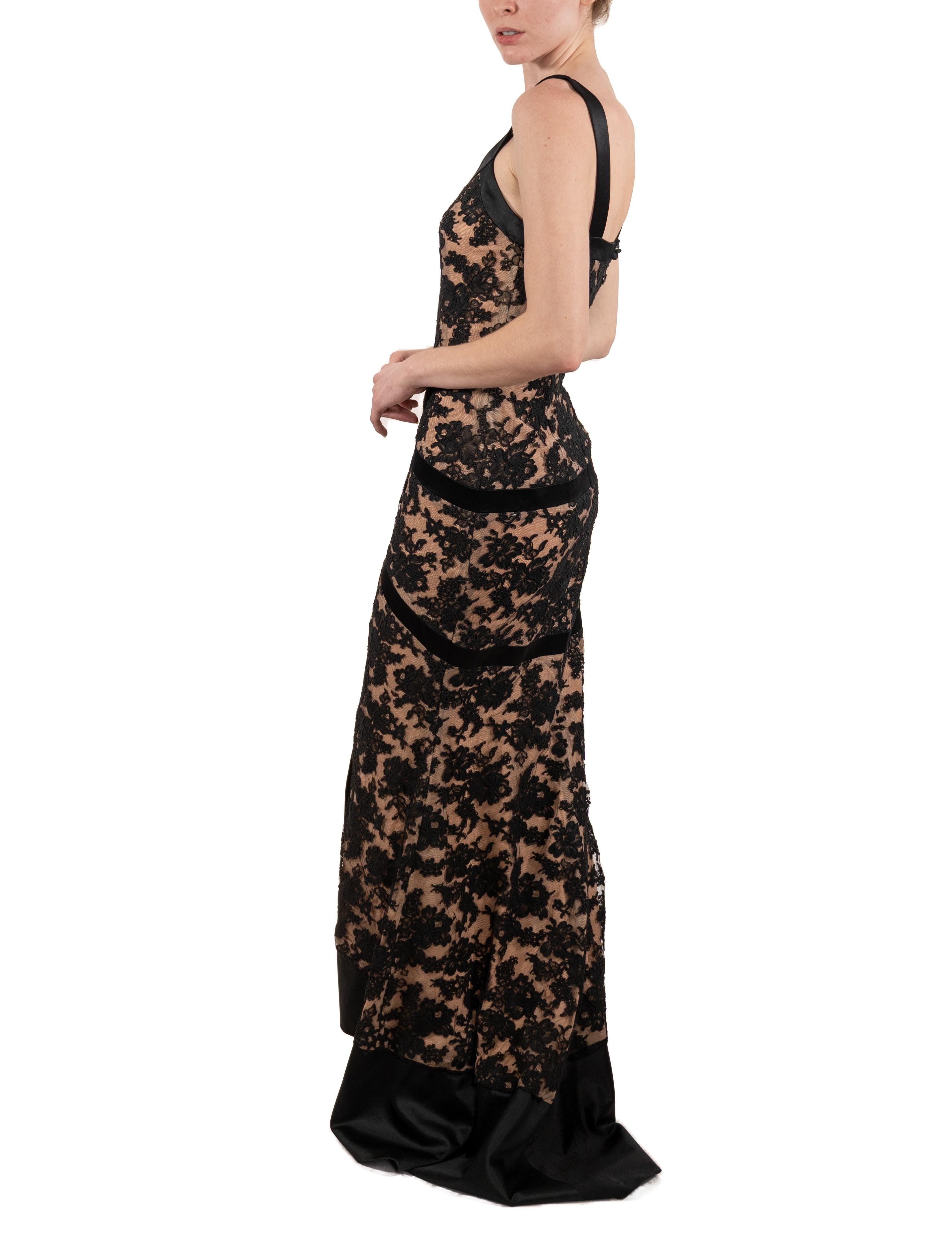1990S Black Silk & Rayon Satin Lace Gown With Train For Sale 5