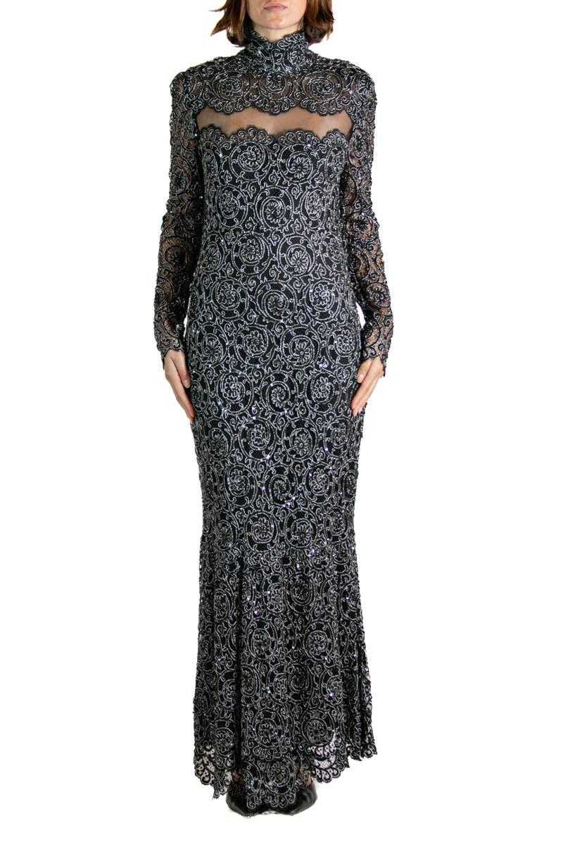 1990S Black & Silver Silk Lace Sequined Gown In Good Condition For Sale In New York, NY