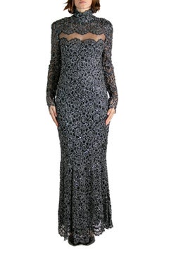1990S Black & Silver Silk Lace Sequined Gown