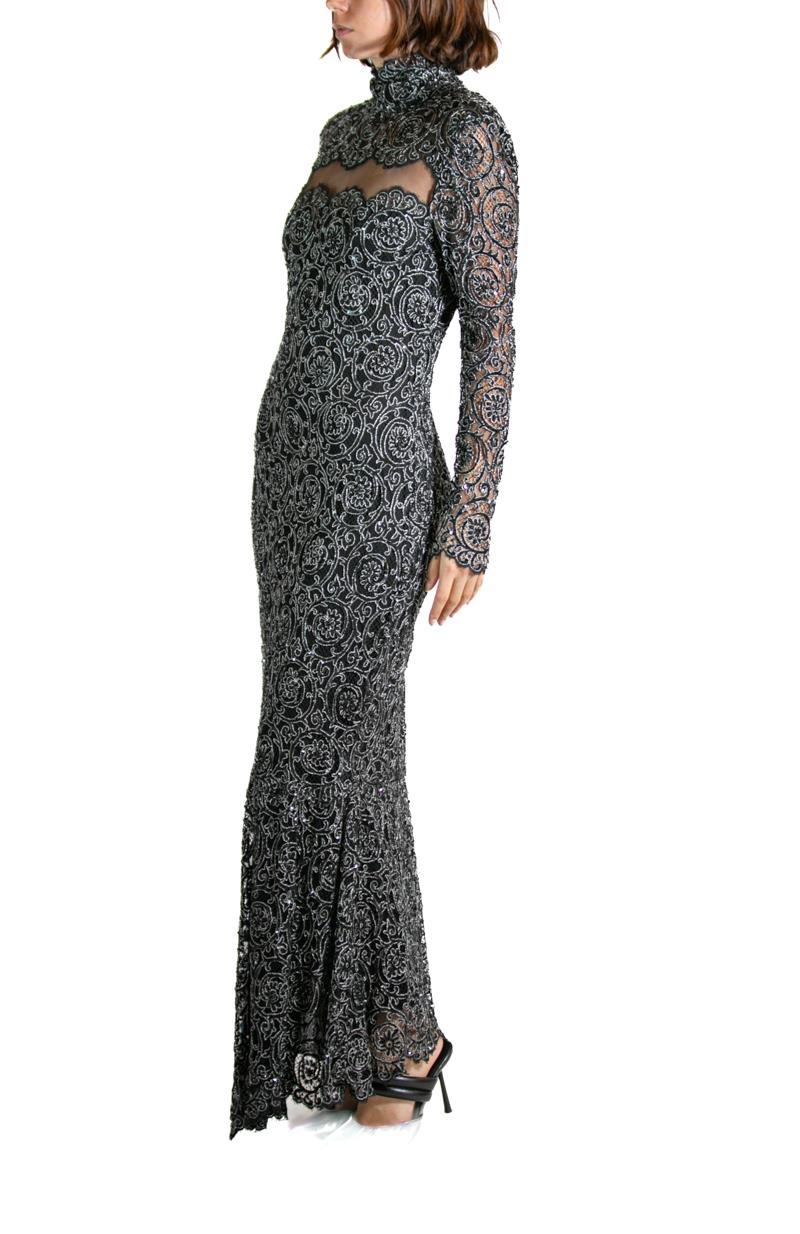 Women's 1990S Black & Silver Silk Lace Sequined Gown For Sale