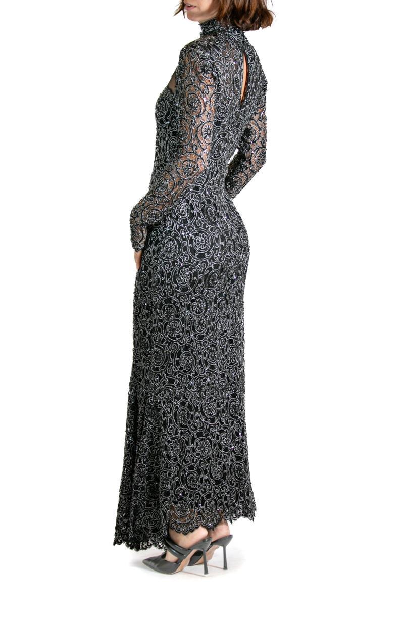 1990S Black & Silver Silk Lace Sequined Gown For Sale 1