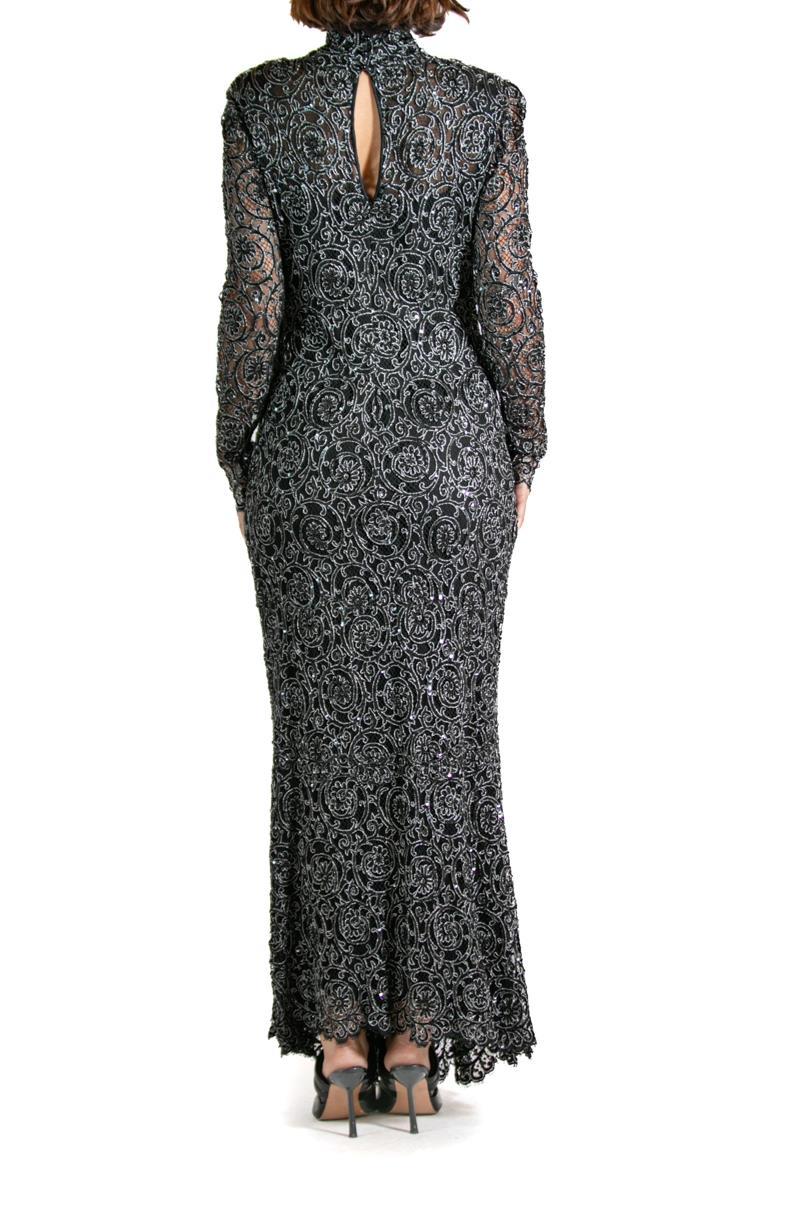 1990S Black & Silver Silk Lace Sequined Gown For Sale 2