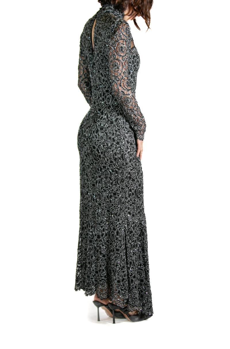 1990S Black & Silver Silk Lace Sequined Gown For Sale 3