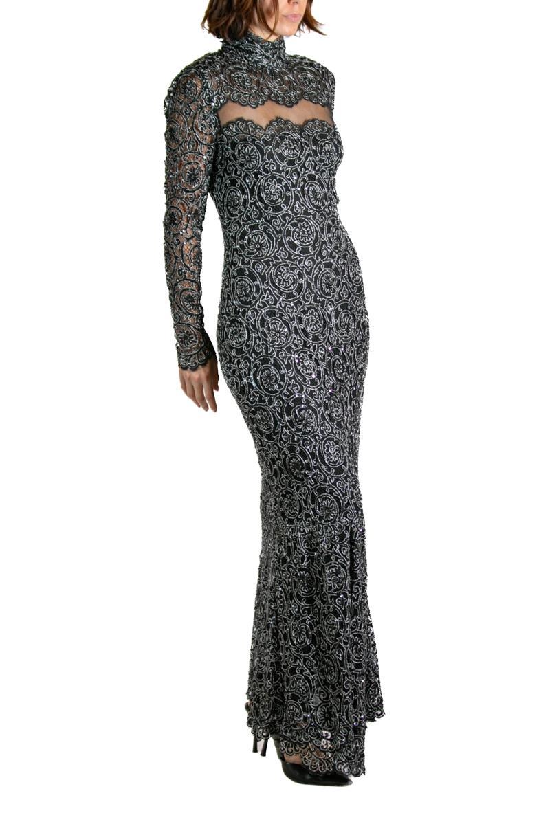 1990S Black & Silver Silk Lace Sequined Gown For Sale 4