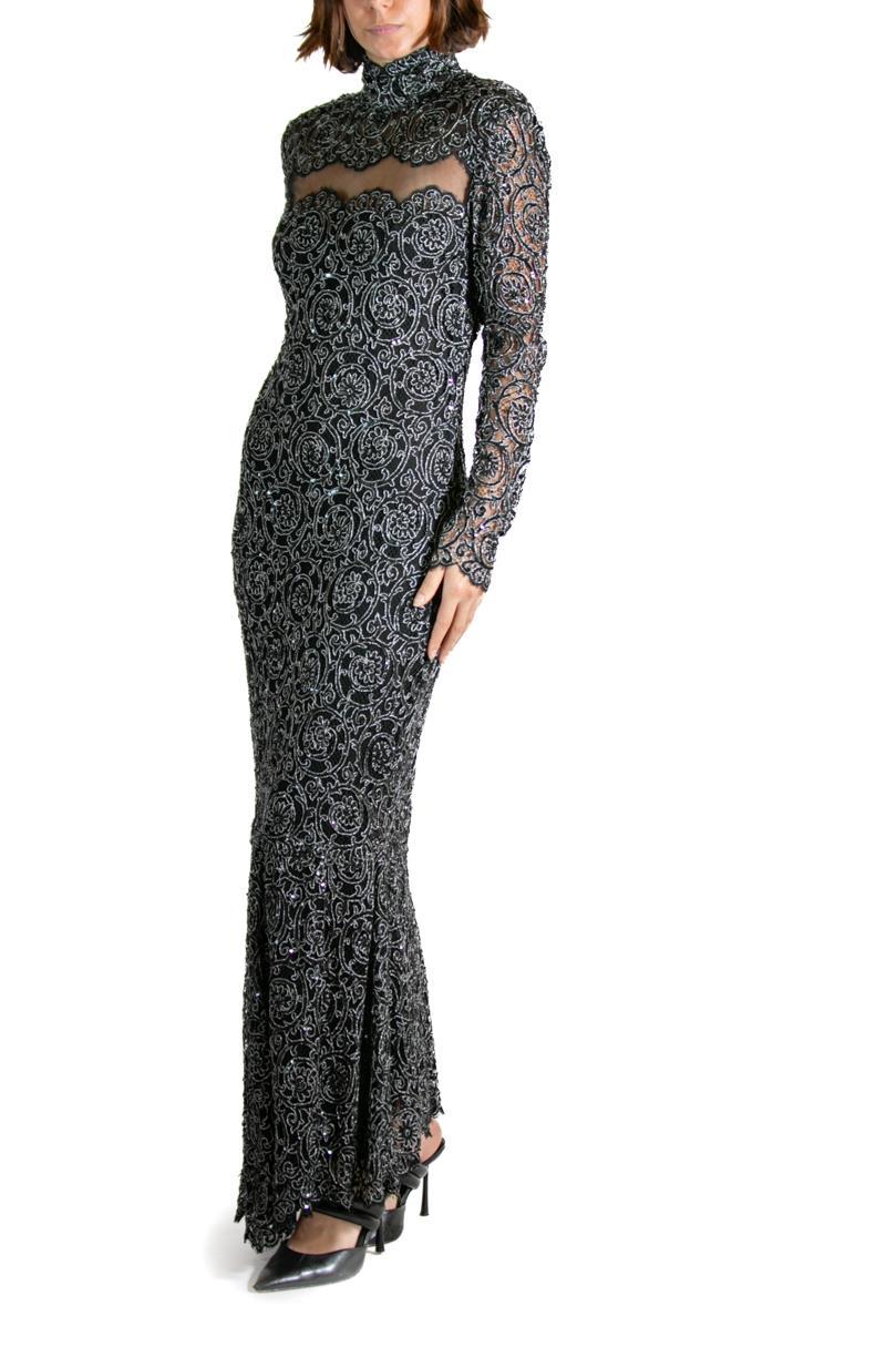 1990S Black & Silver Silk Lace Sequined Gown For Sale 5