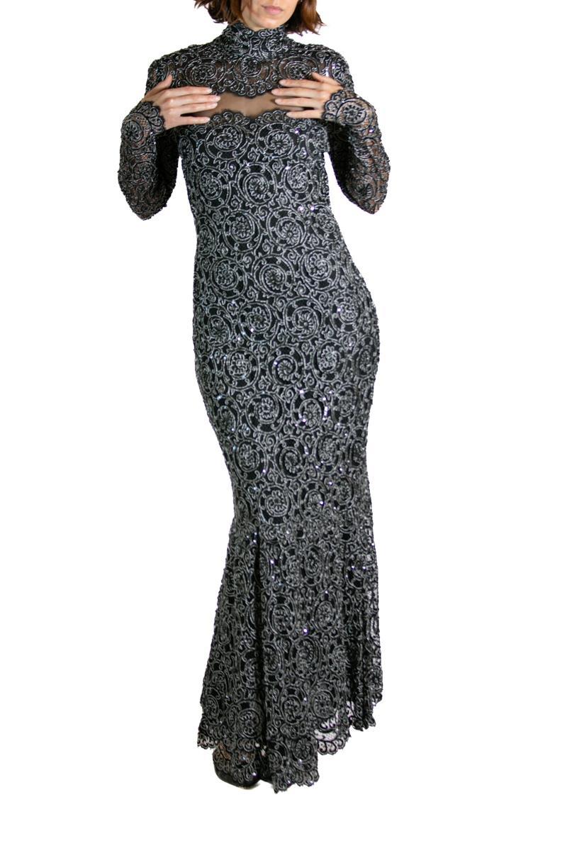 1990S Black & Silver Silk Lace Sequined Gown For Sale 6
