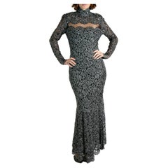 1990S Black & Silver Silk Lace Sequined Gown