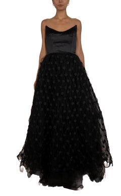1990S Black Strapless Silk Satin & Giant Tulle Skirt Gown With Flowers