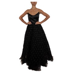 1990S Black Strapless Silk Satin & Giant Tulle Skirt Gown With Flowers