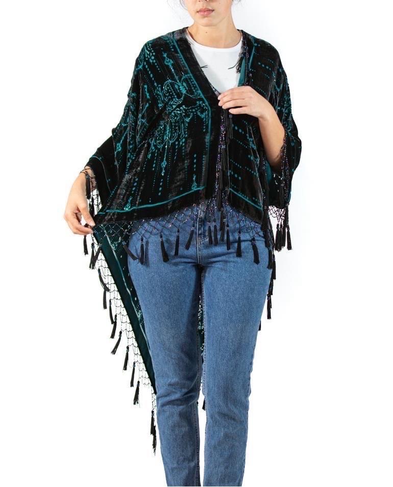 1990S Black & Teal Silk Rayon Burnout Velvet Jacket With Fringe In Excellent Condition For Sale In New York, NY