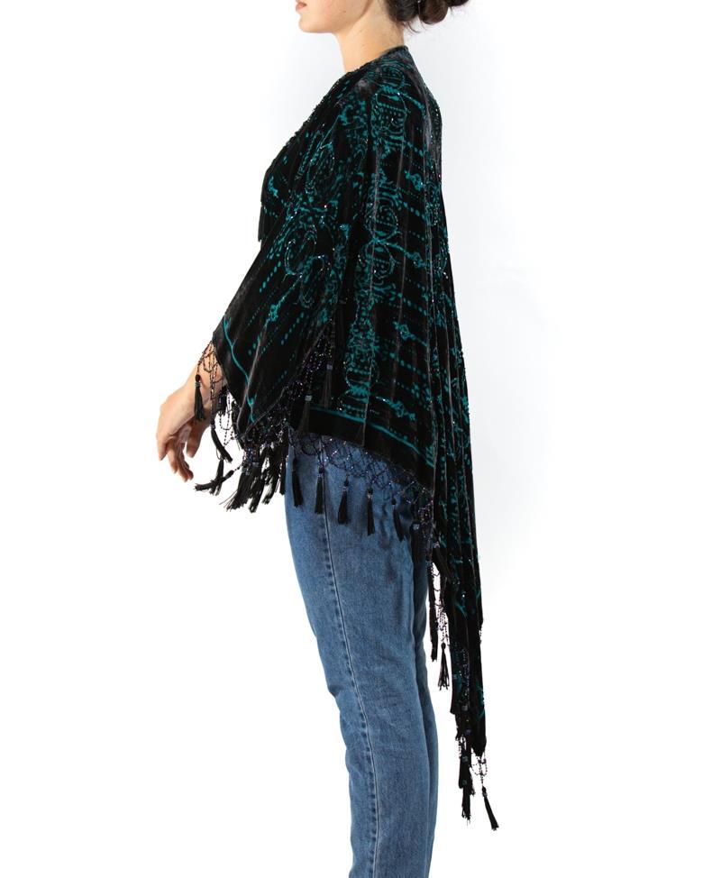 Women's 1990S Black & Teal Silk Rayon Burnout Velvet Jacket With Fringe For Sale