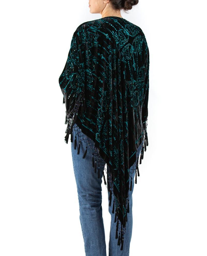 1990S Black & Teal Silk Rayon Burnout Velvet Jacket With Fringe For Sale 1