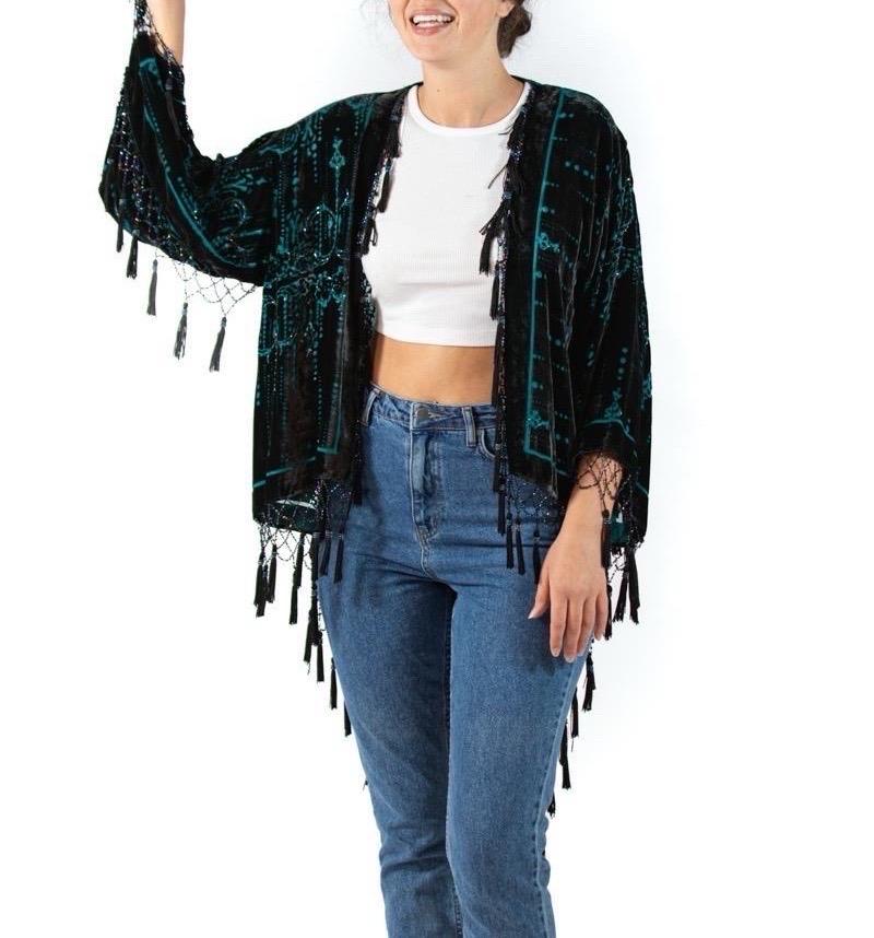 1990S Black & Teal Silk Rayon Burnout Velvet Jacket With Fringe For Sale 3