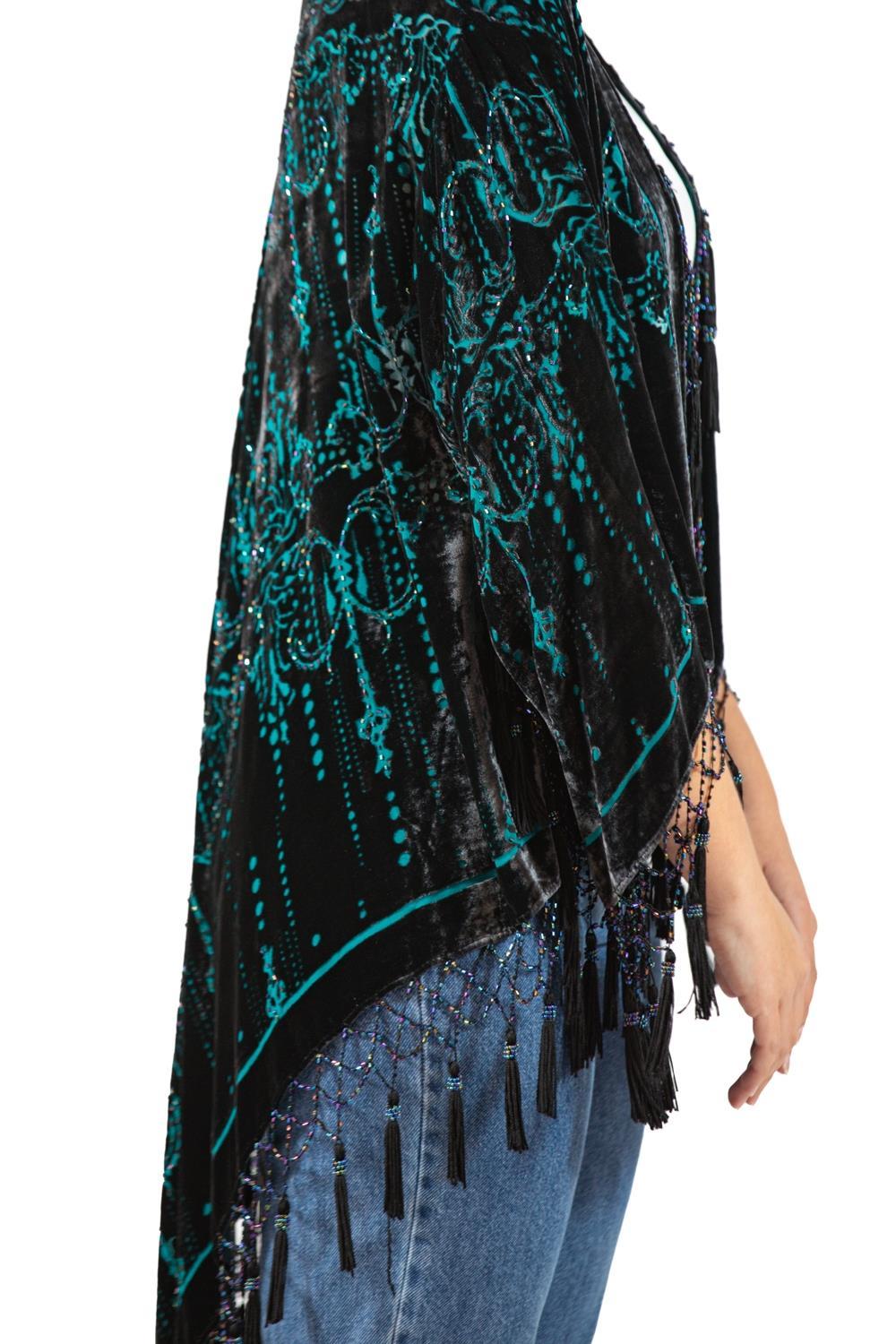 1990S Black & Teal Silk Rayon Burnout Velvet Jacket With Fringe For Sale 4