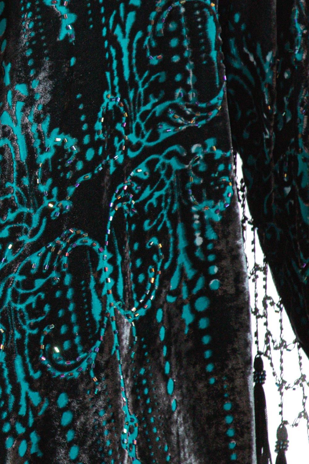 1990S Black & Teal Silk Rayon Burnout Velvet Jacket With Fringe For Sale 5