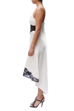 1990S Black & White Slinky Silk Lace Trim Long Slip Dress