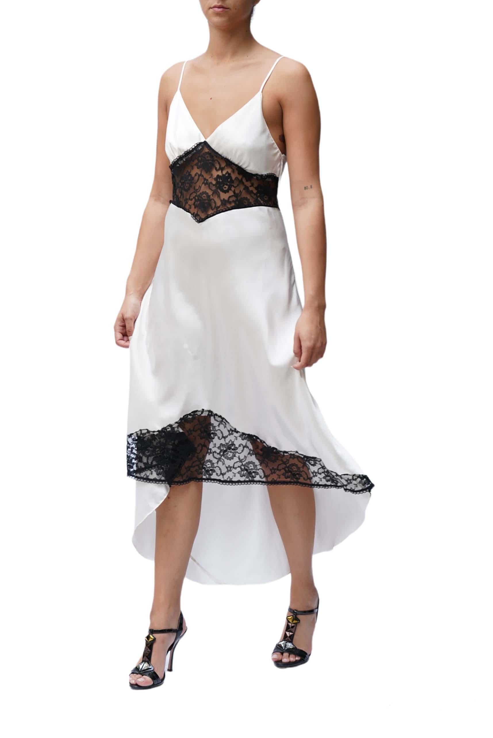 Beige 1990S Black & White Slinky Silk Lace Trim Long Slip Dress