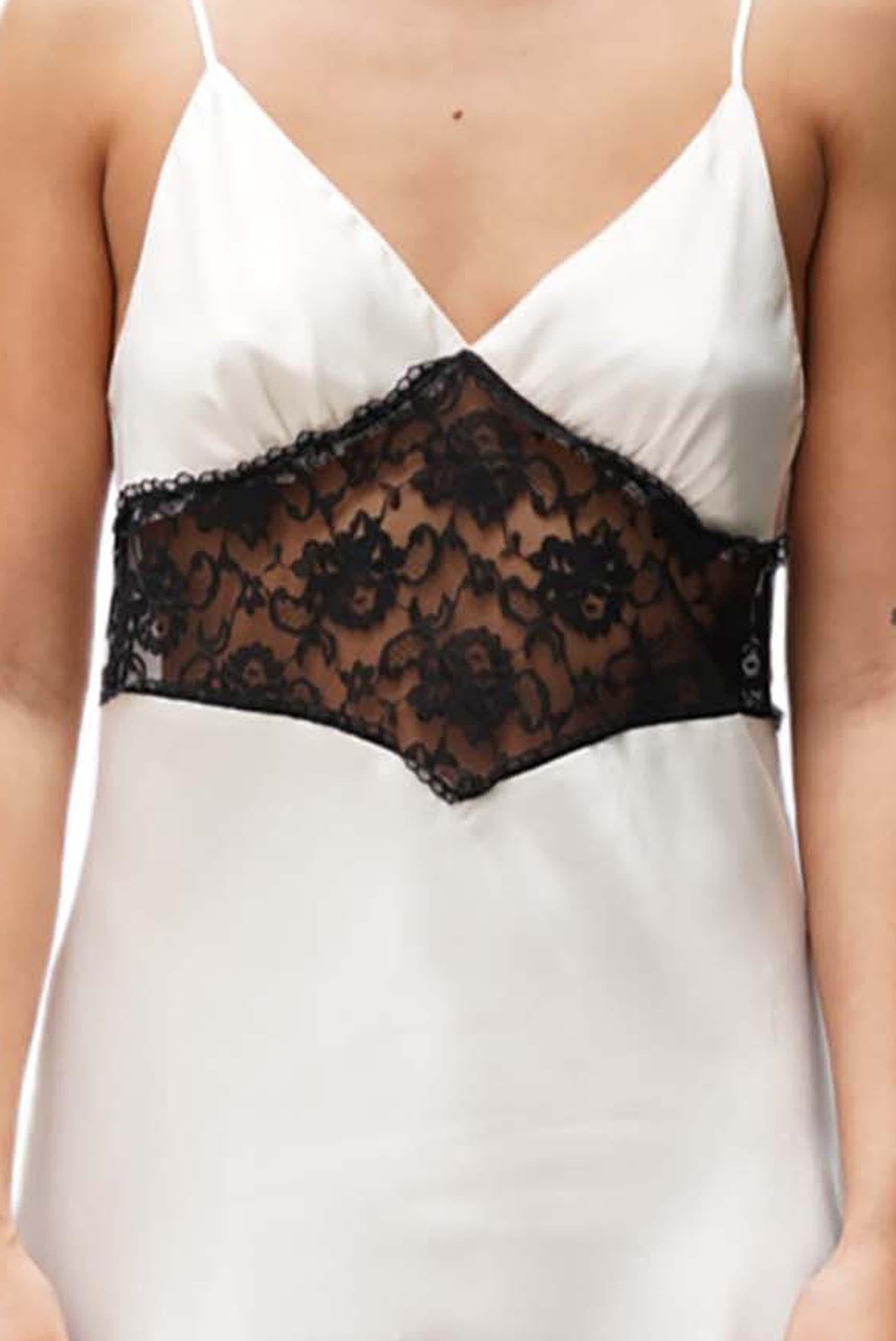 1990S Black & White Slinky Silk Lace Trim Long Slip Dress 2