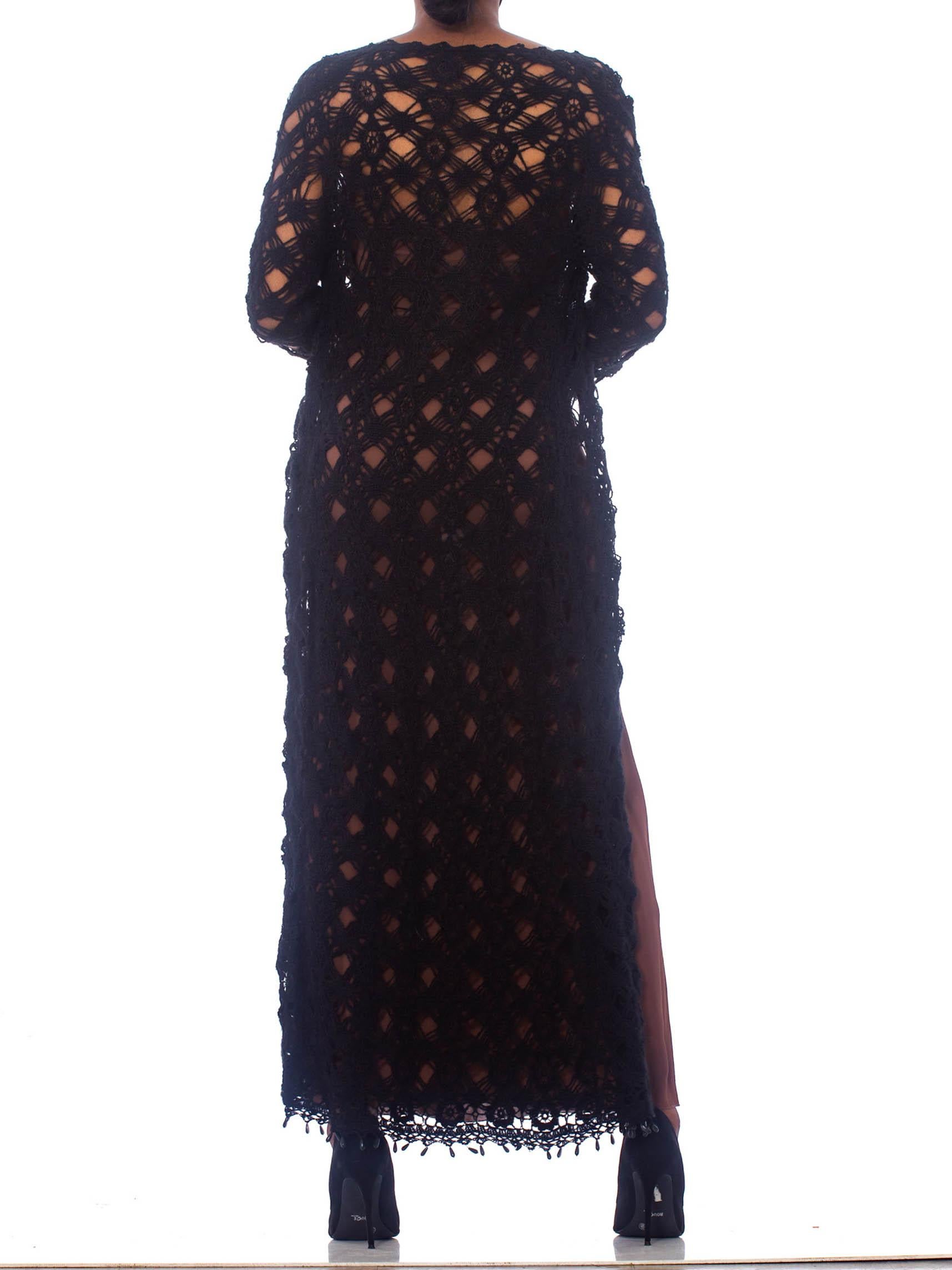 1990S Black Wool Blend Crochet Maxi Duster With Beads In Excellent Condition In New York, NY