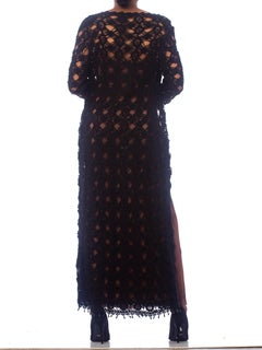 1990S Black Wool Blend Crochet Maxi Duster With Beads