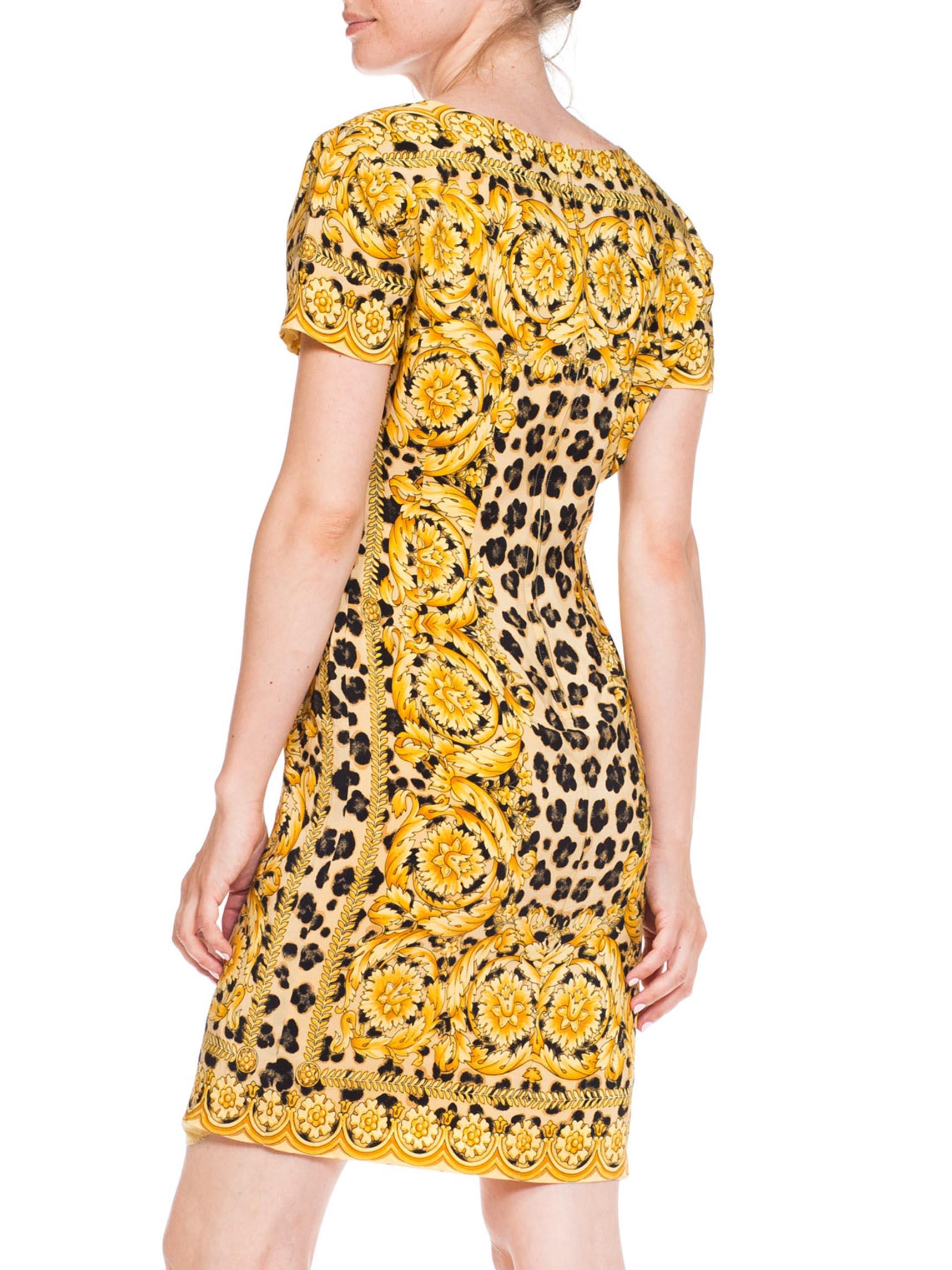 Women's 1990S GIANNI VERSACE Style Silk Crepe De Chine Leopard Baroque Scarf Print Dress For Sale