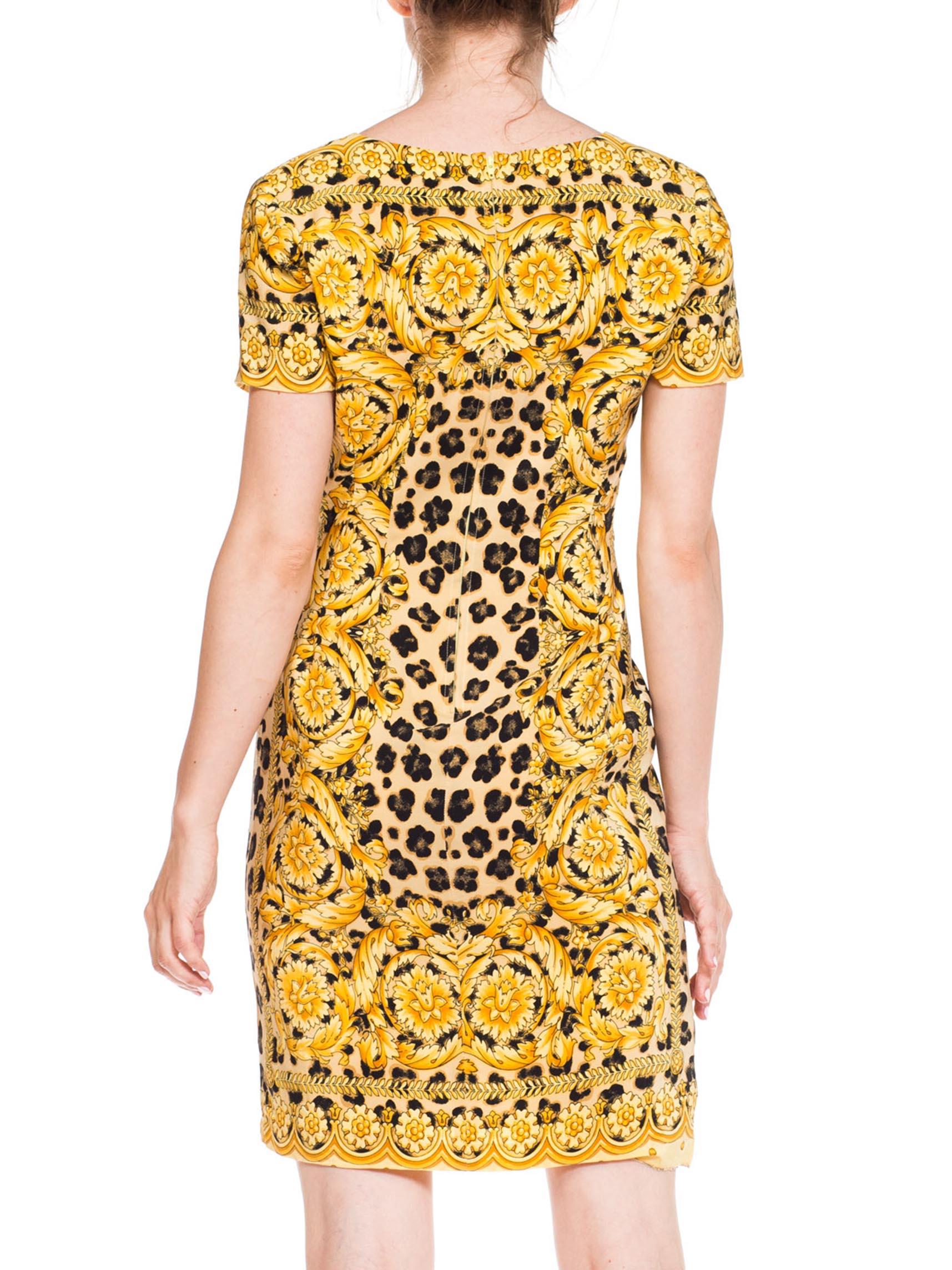 1990S GIANNI VERSACE Style Silk Crepe De Chine Leopard Baroque Scarf Print Dress For Sale 1