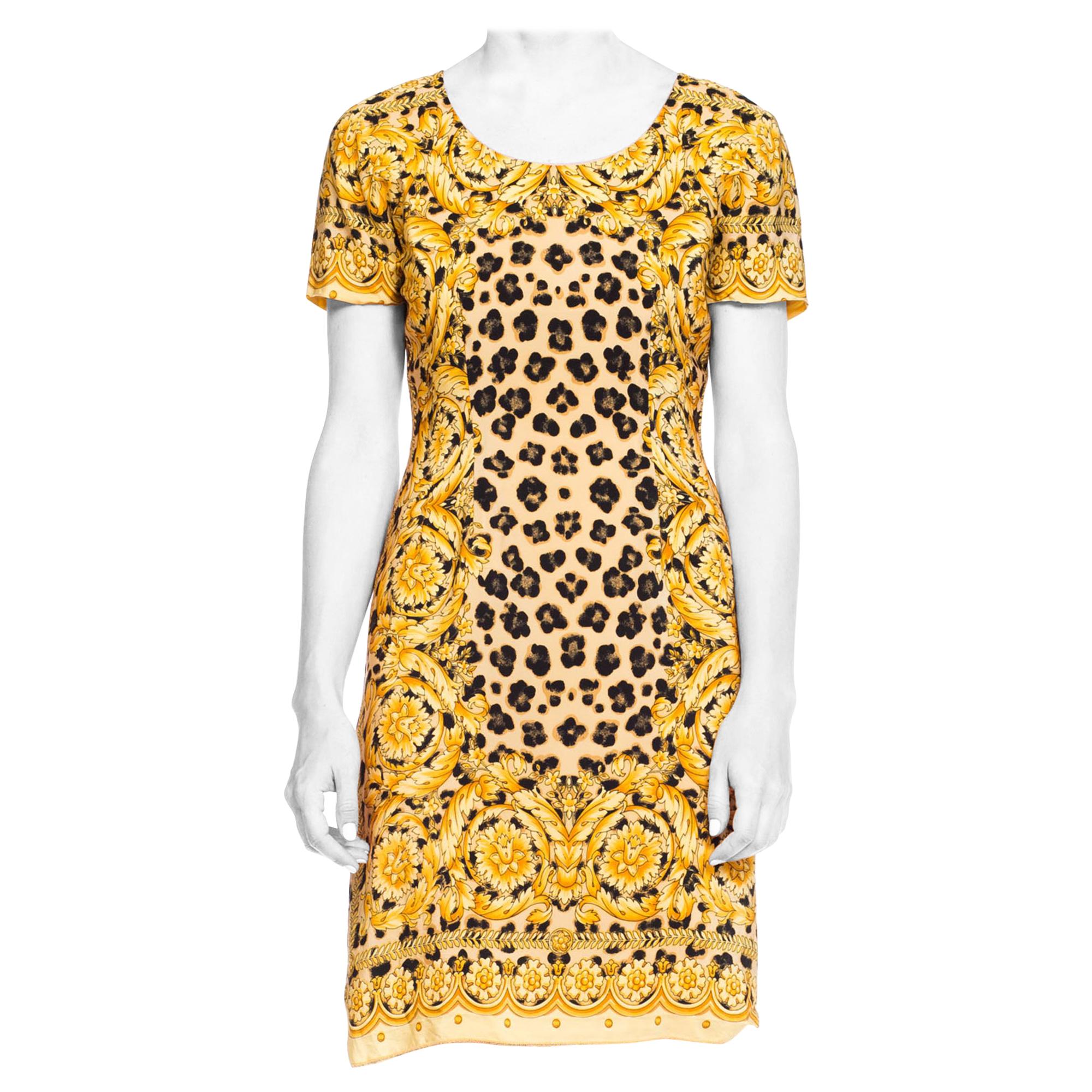 1990S GIANNI VERSACE Style Silk Crepe De Chine Leopard Baroque Scarf Print Dress For Sale