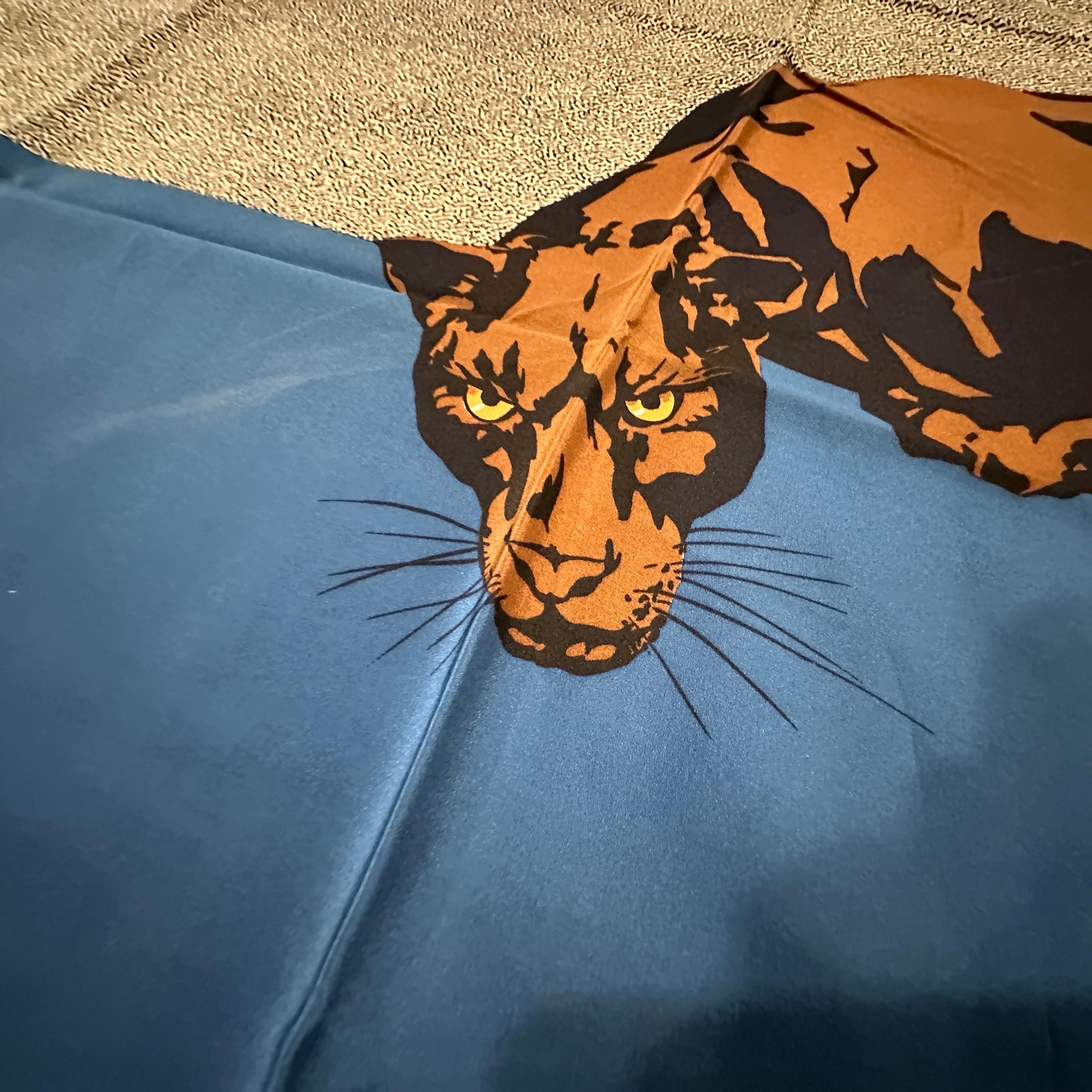 1990s Blue and Brown Silk Panther Scarf By Mariuccia Mandelli for Krizia For Sale 5