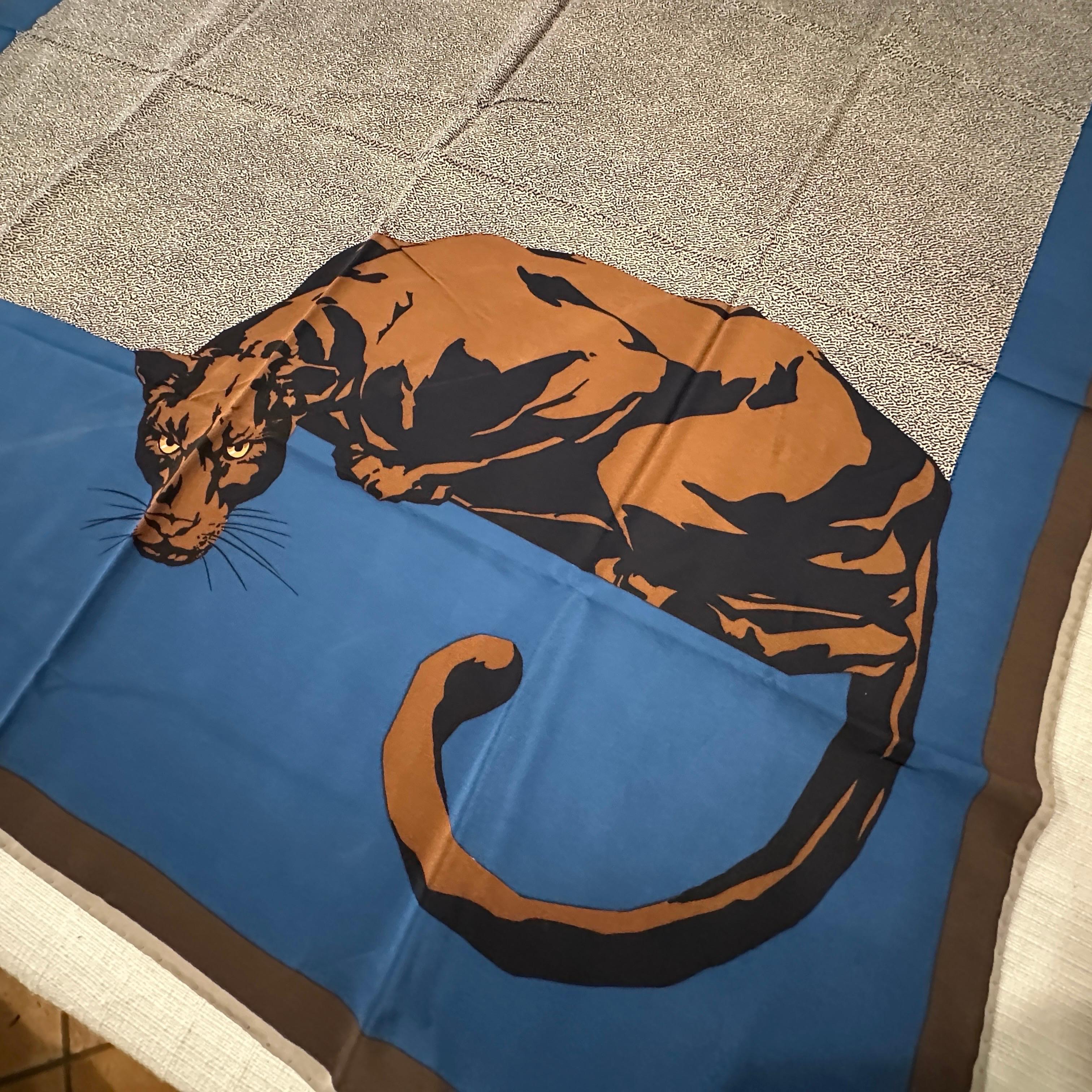 1990s Blue and Brown Silk Panther Scarf By Mariuccia Mandelli for Krizia For Sale 6