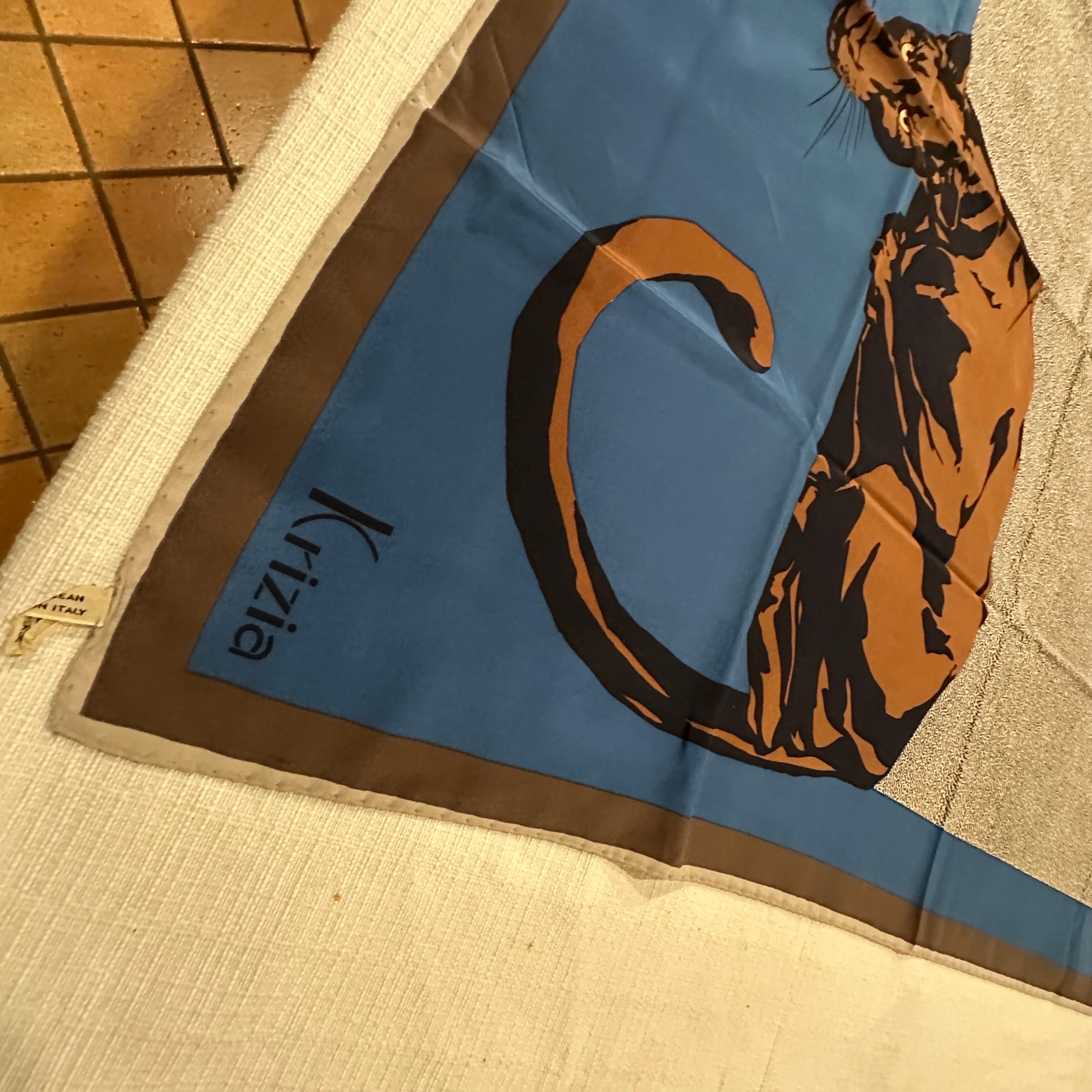 1990s Blue and Brown Silk Panther Scarf By Mariuccia Mandelli for Krizia For Sale 7
