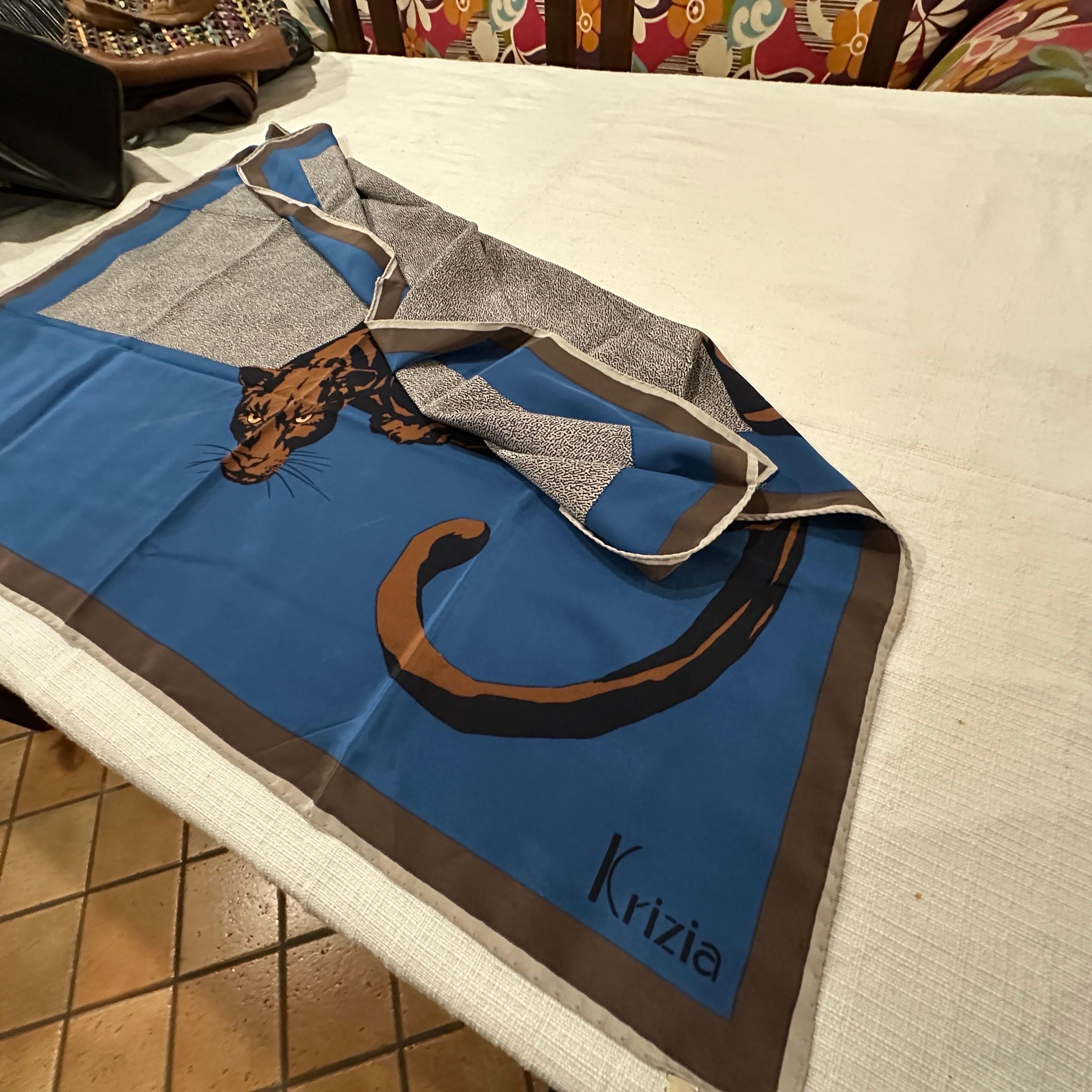 Gray 1990s Blue and Brown Silk Panther Scarf By Mariuccia Mandelli for Krizia For Sale