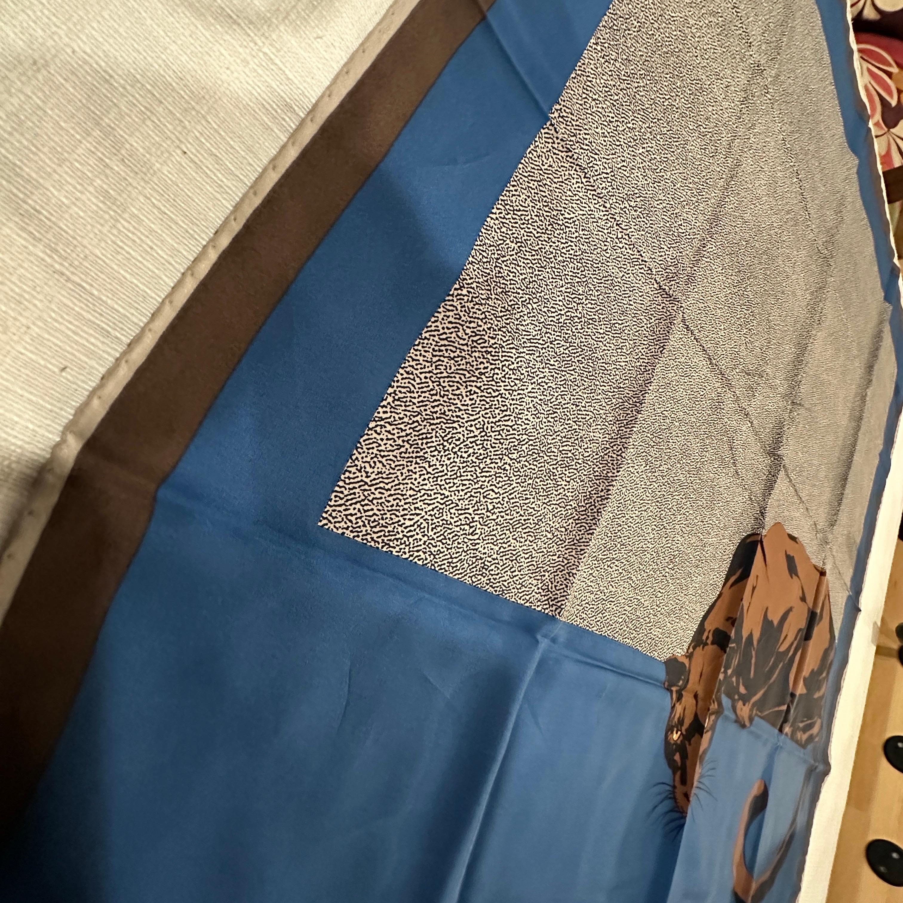 1990s Blue and Brown Silk Panther Scarf By Mariuccia Mandelli for Krizia For Sale 1