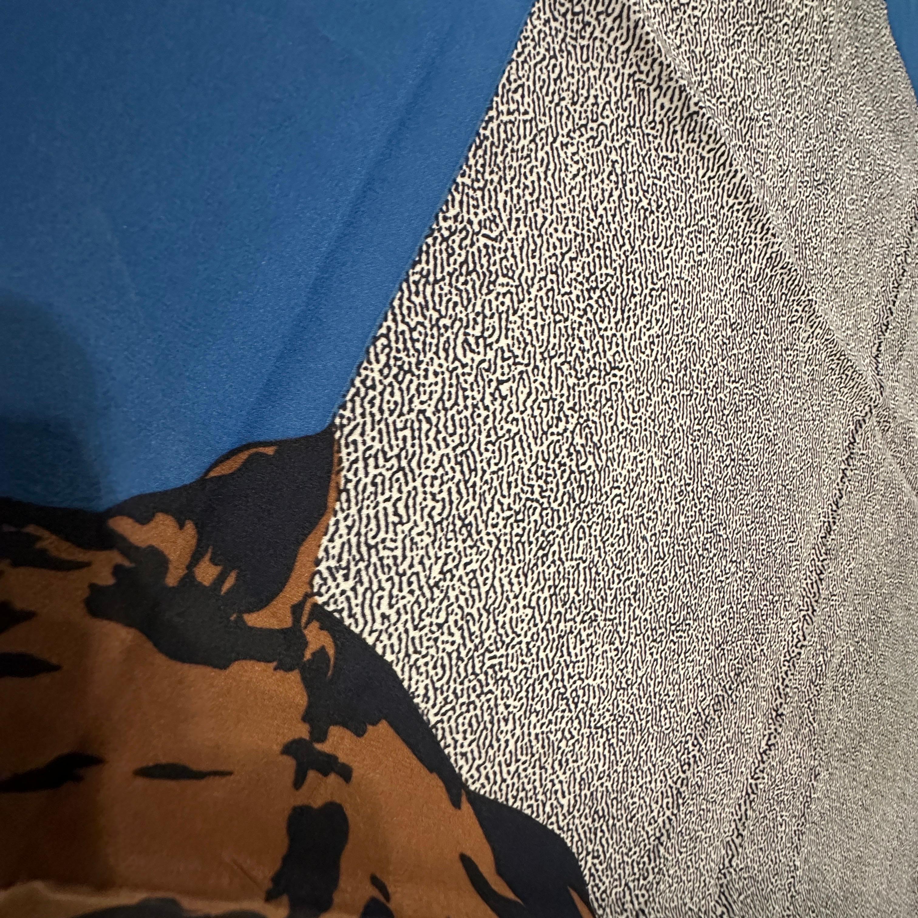 1990s Blue and Brown Silk Panther Scarf By Mariuccia Mandelli for Krizia For Sale 2
