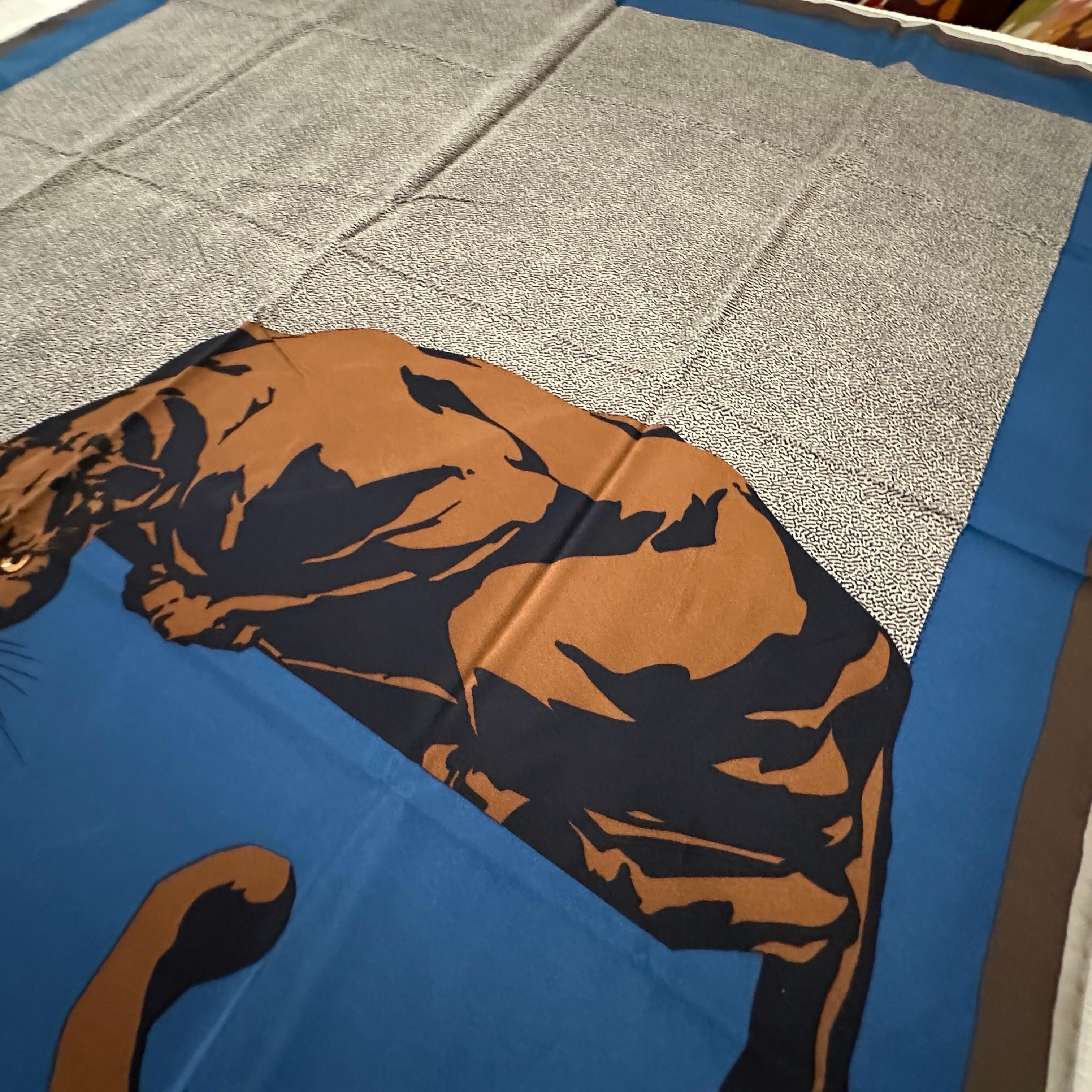 1990s Blue and Brown Silk Panther Scarf By Mariuccia Mandelli for Krizia For Sale 3