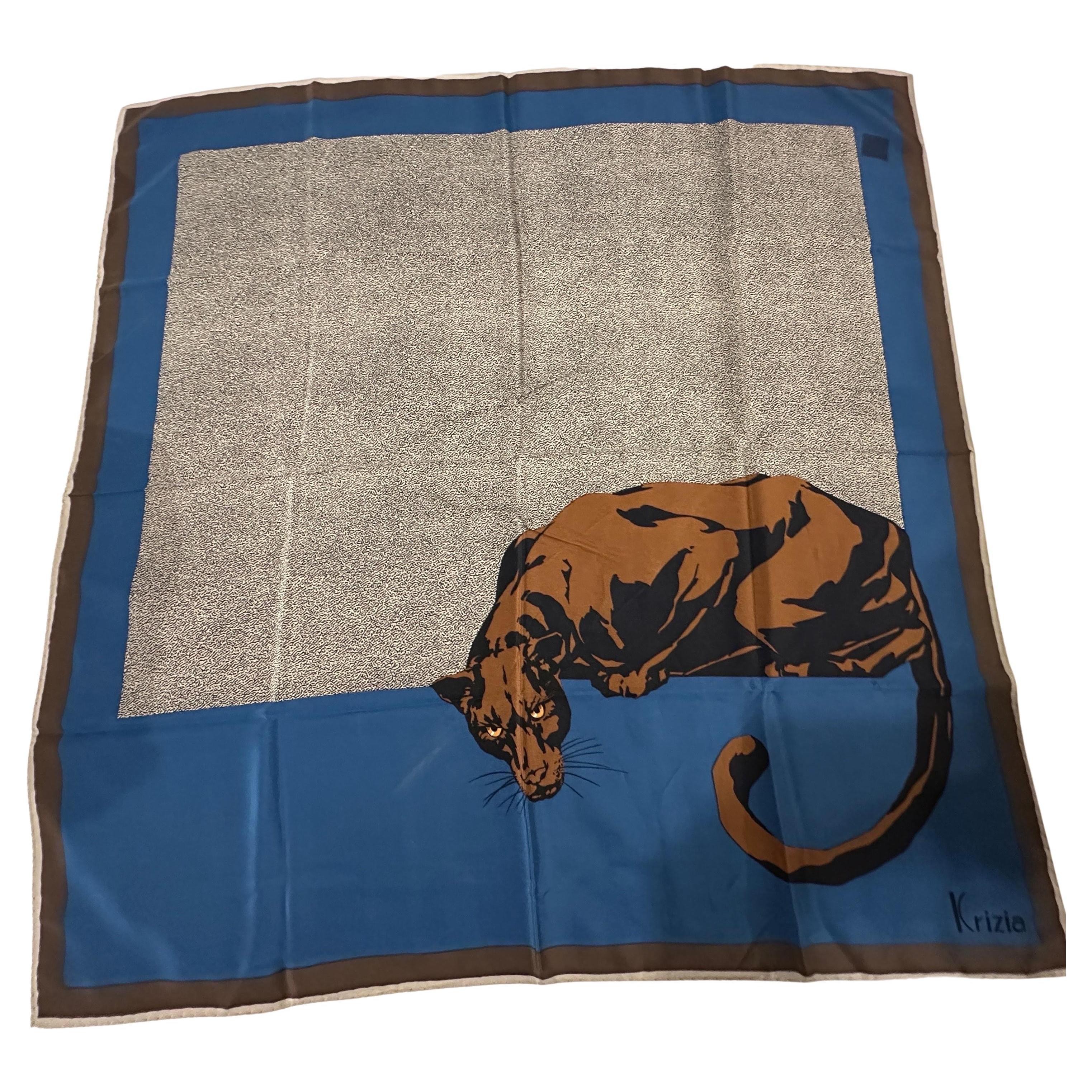 1990s Blue and Brown Silk Panther Scarf By Mariuccia Mandelli for Krizia For Sale